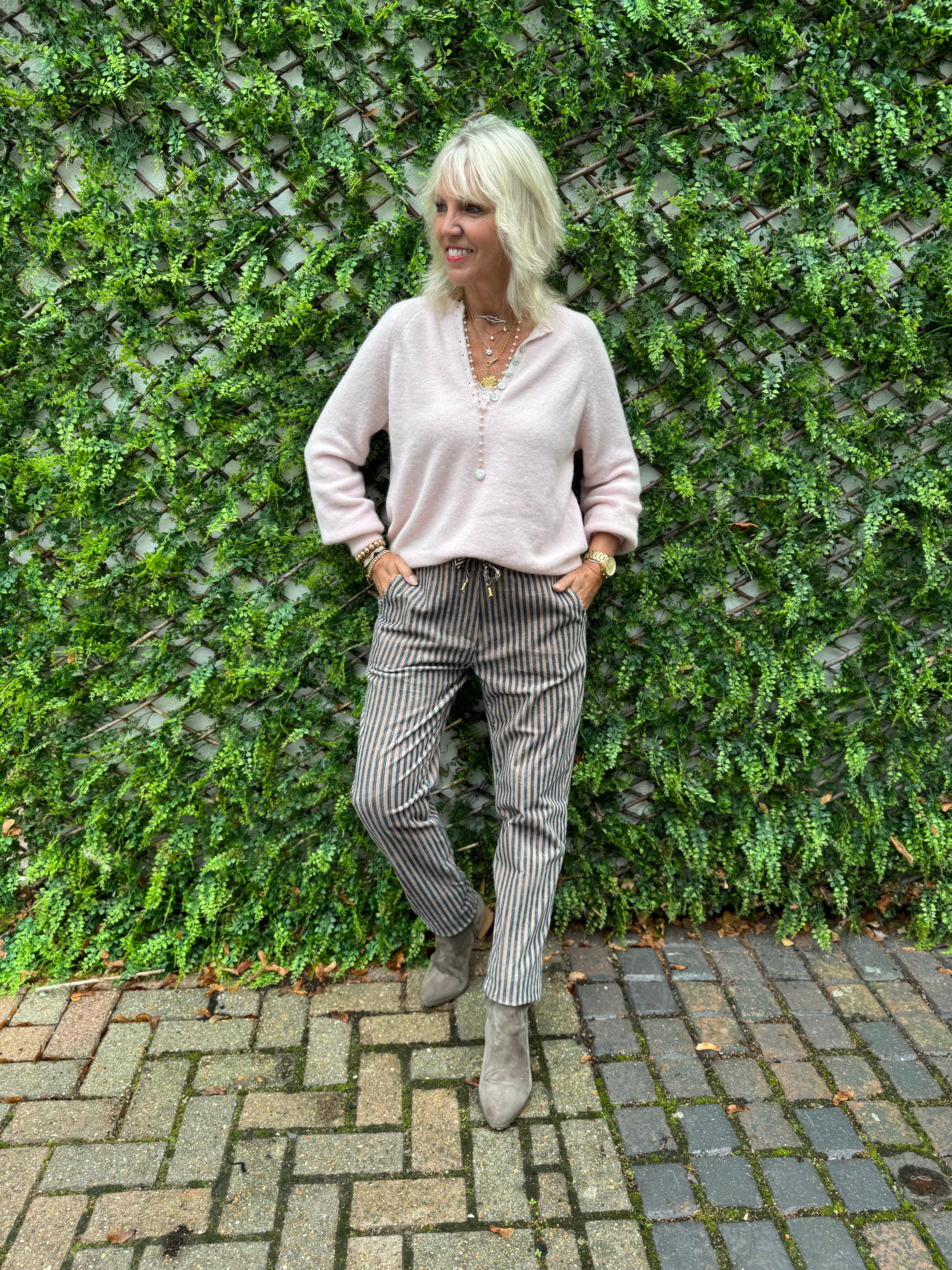 Chenille Cord Joggers in Mocha & Teal Stripe
