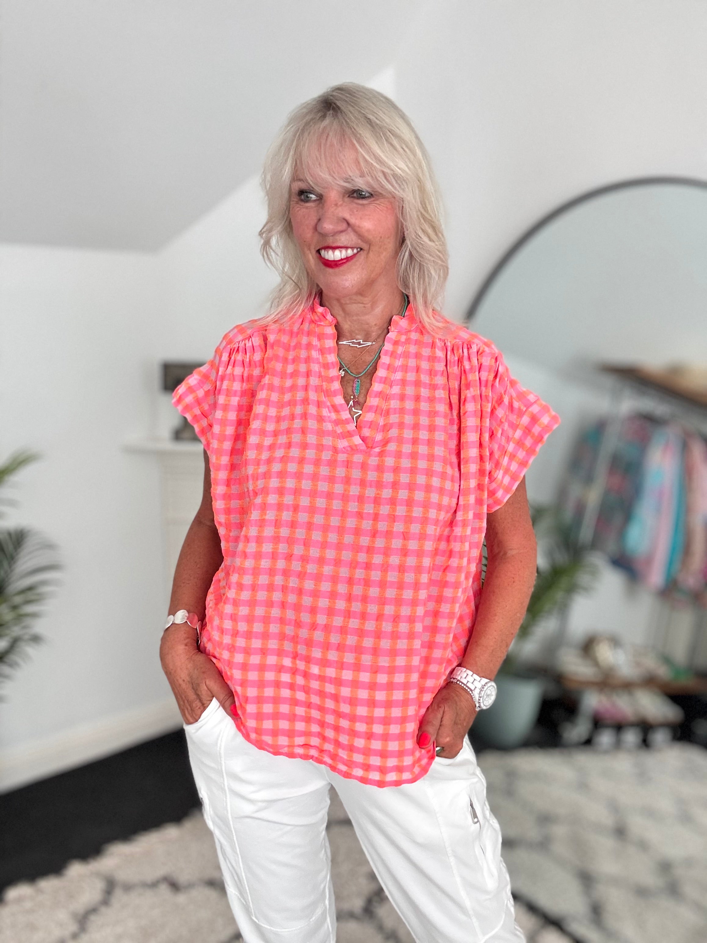 Check Top in Neon Pink & Orange