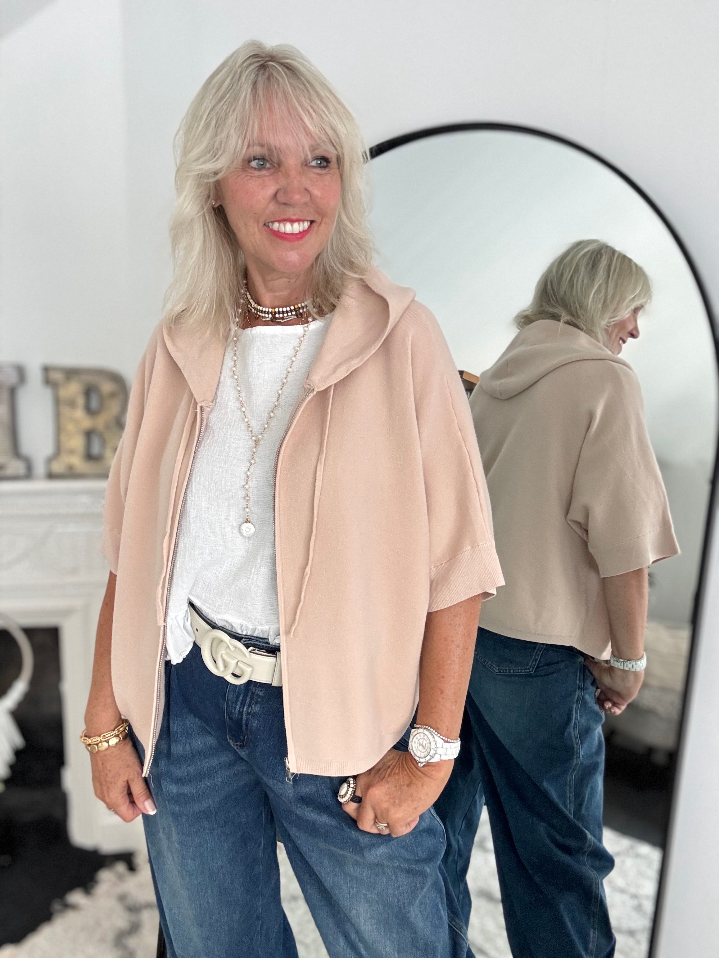 Soft Hooded Zipped Knit in Pink