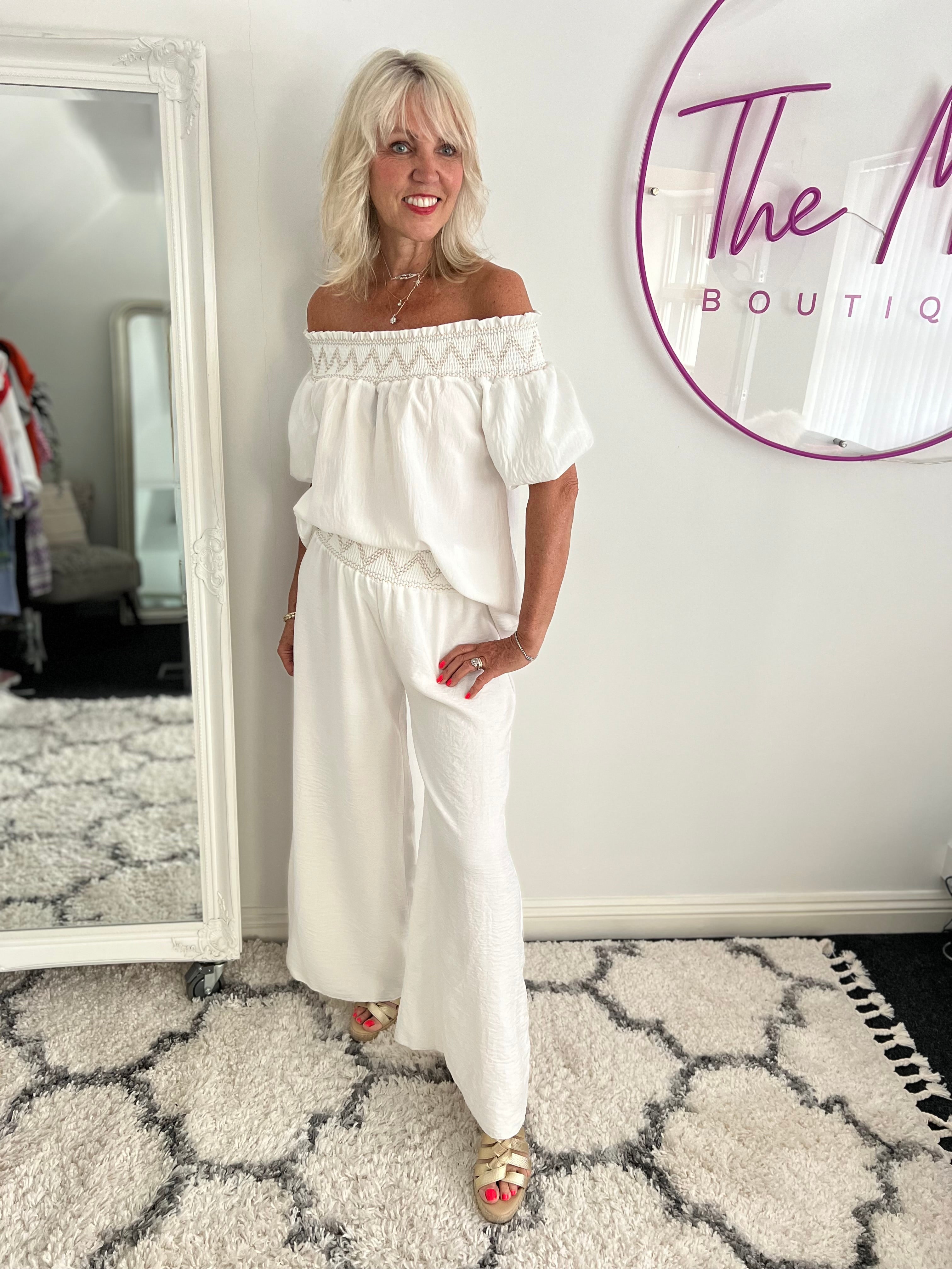 Wide Leg Trousers with Embroidered Waist in White