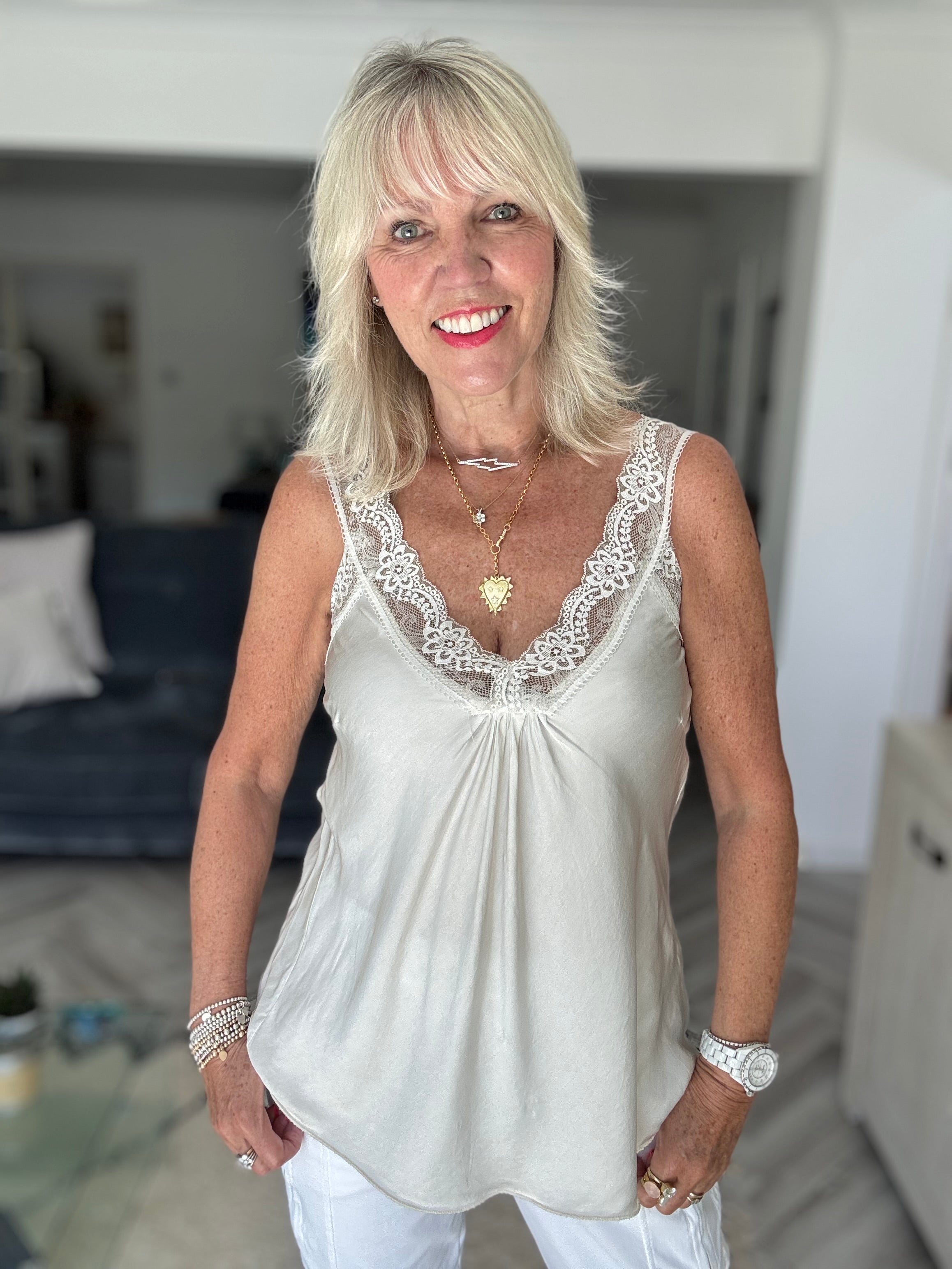 Lace Trim Silk Cami in Silvery Ecru