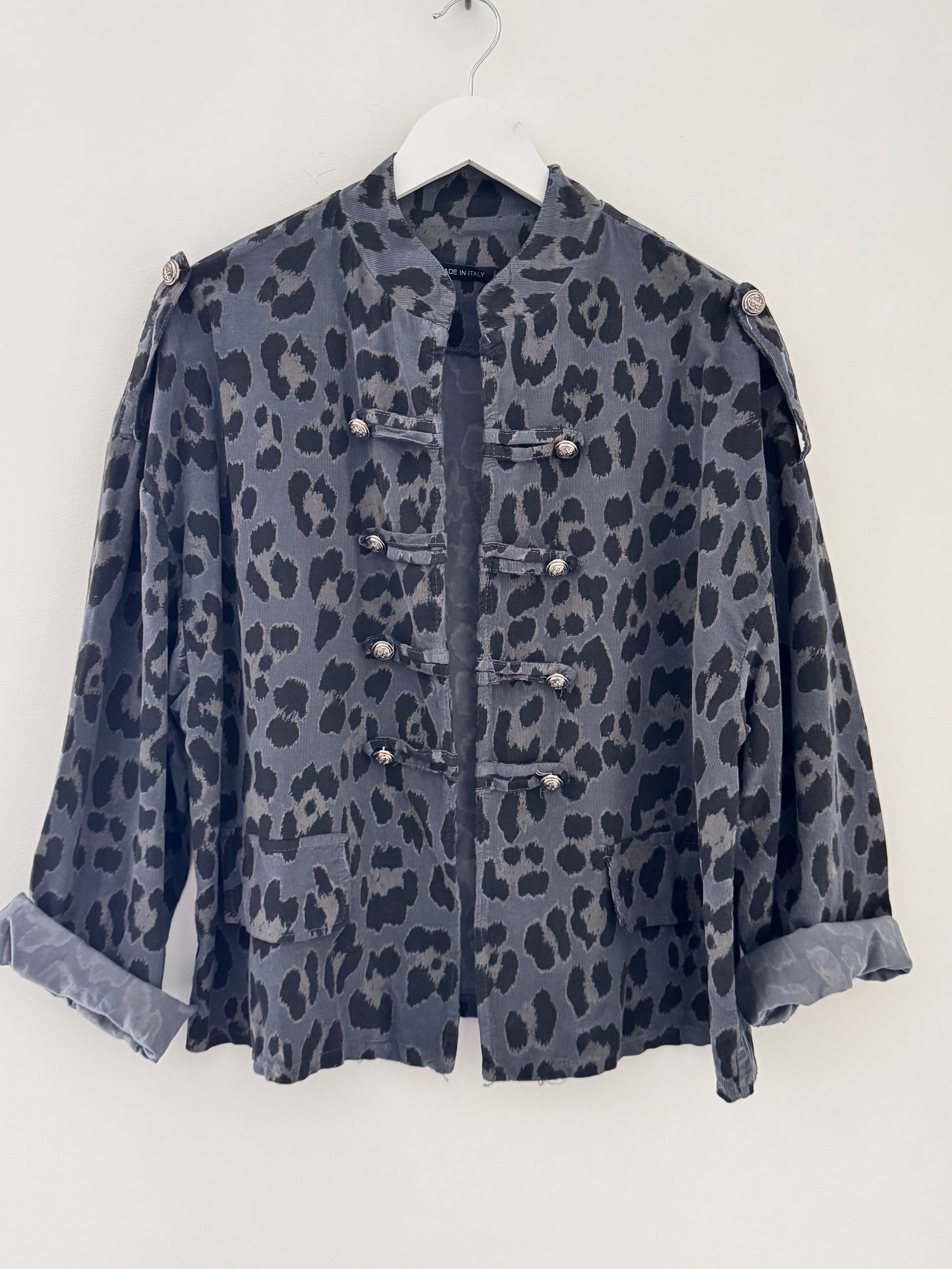 Needlecord Military Jacket in Grey Leopard