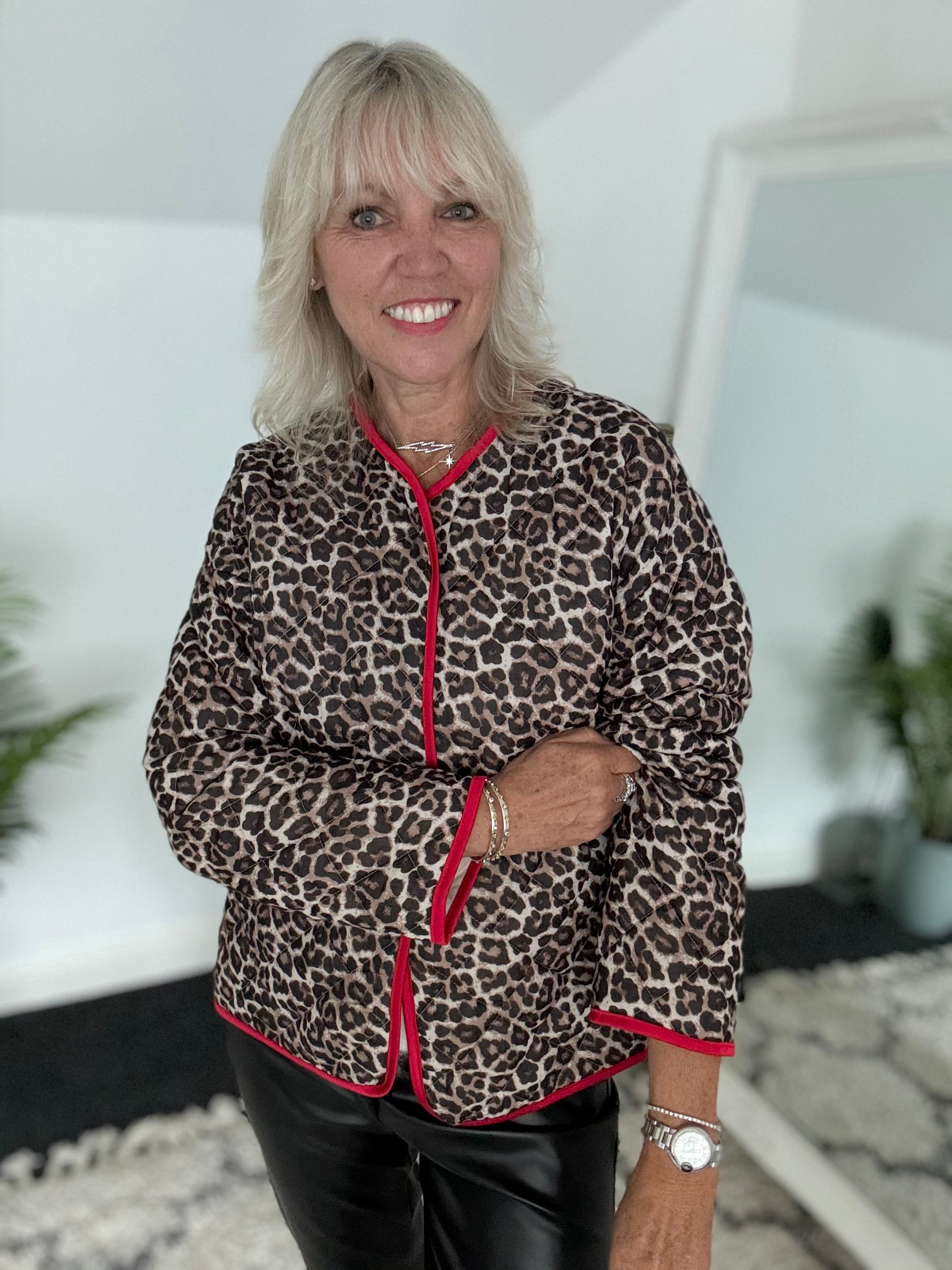 Leopard print trim jacket best sale