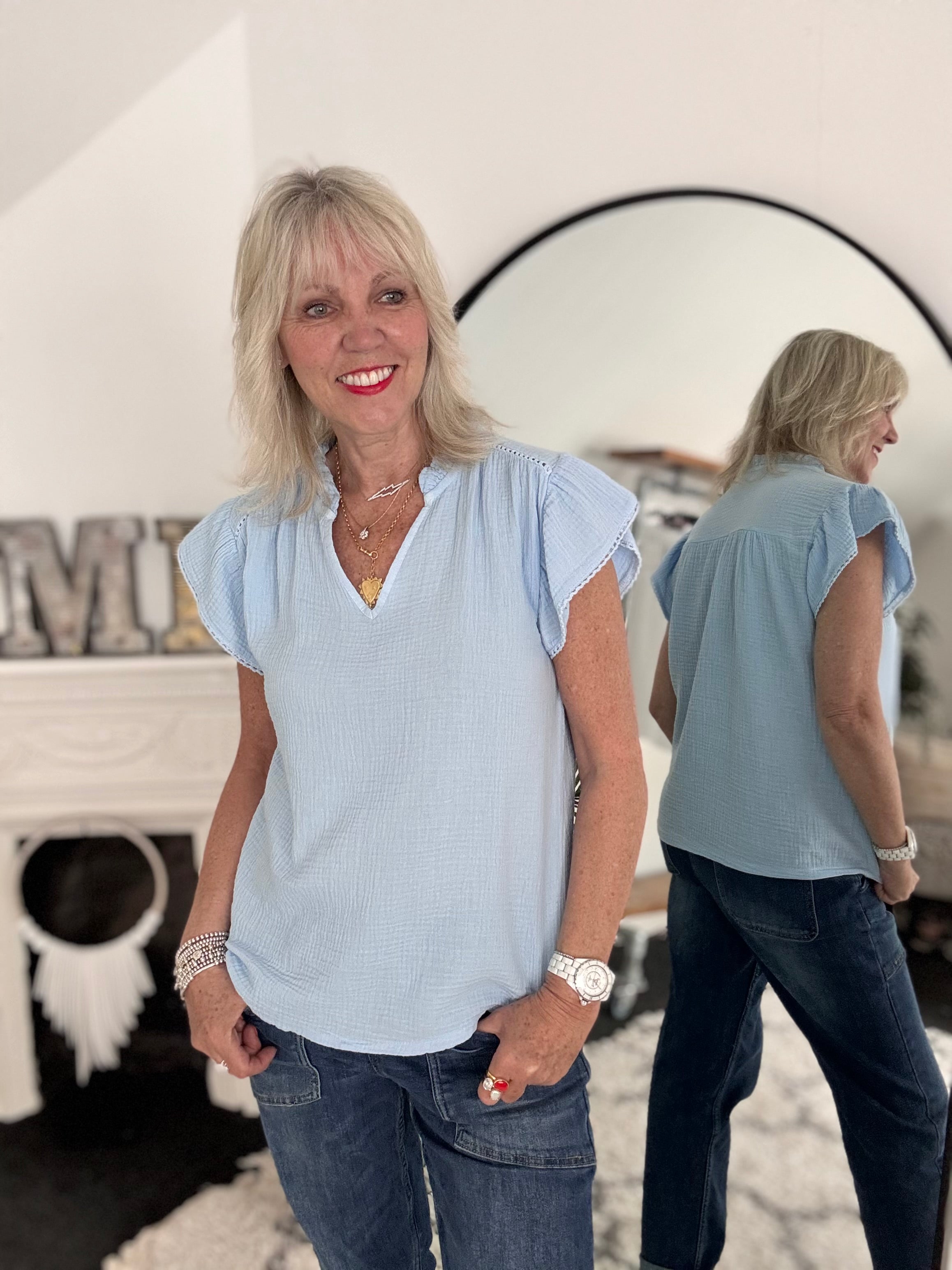 Cheesecloth Top with Ruffle Sleeves in Light Blue