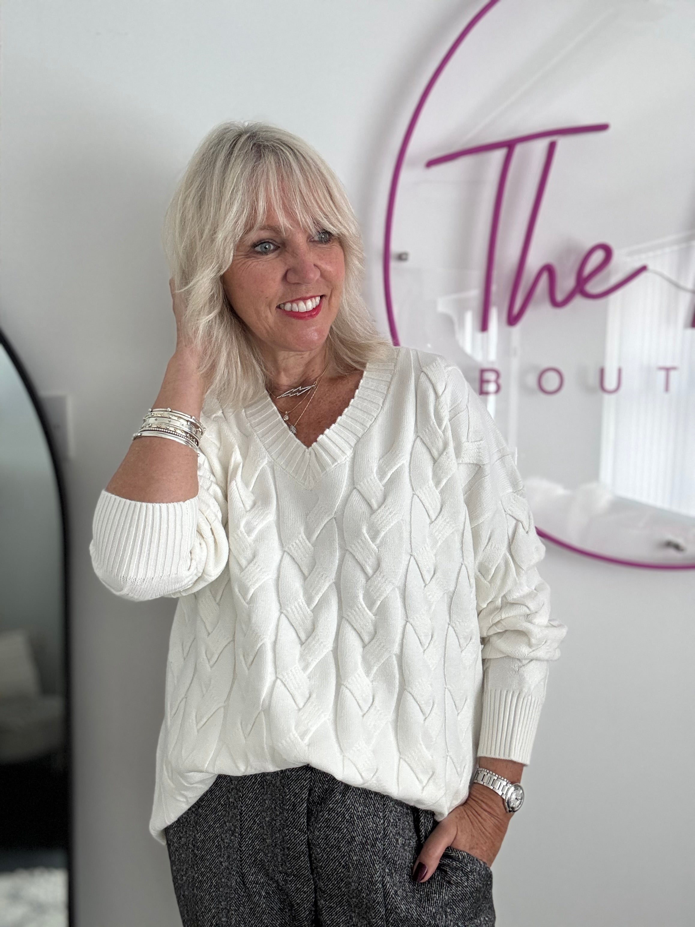 V Neck Cable Jumper in Winter White