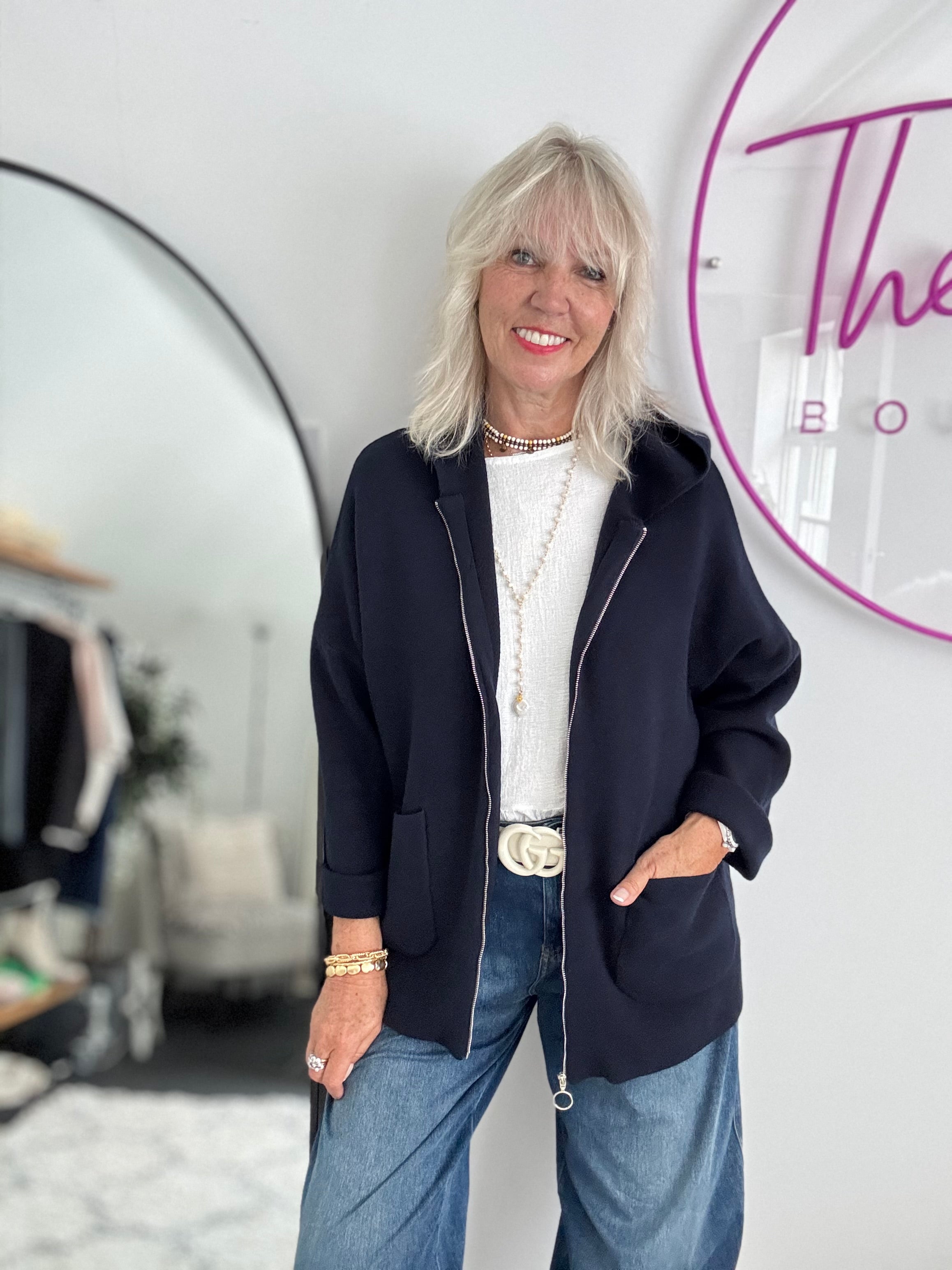 Hooded Zipped Coatigan in Navy
