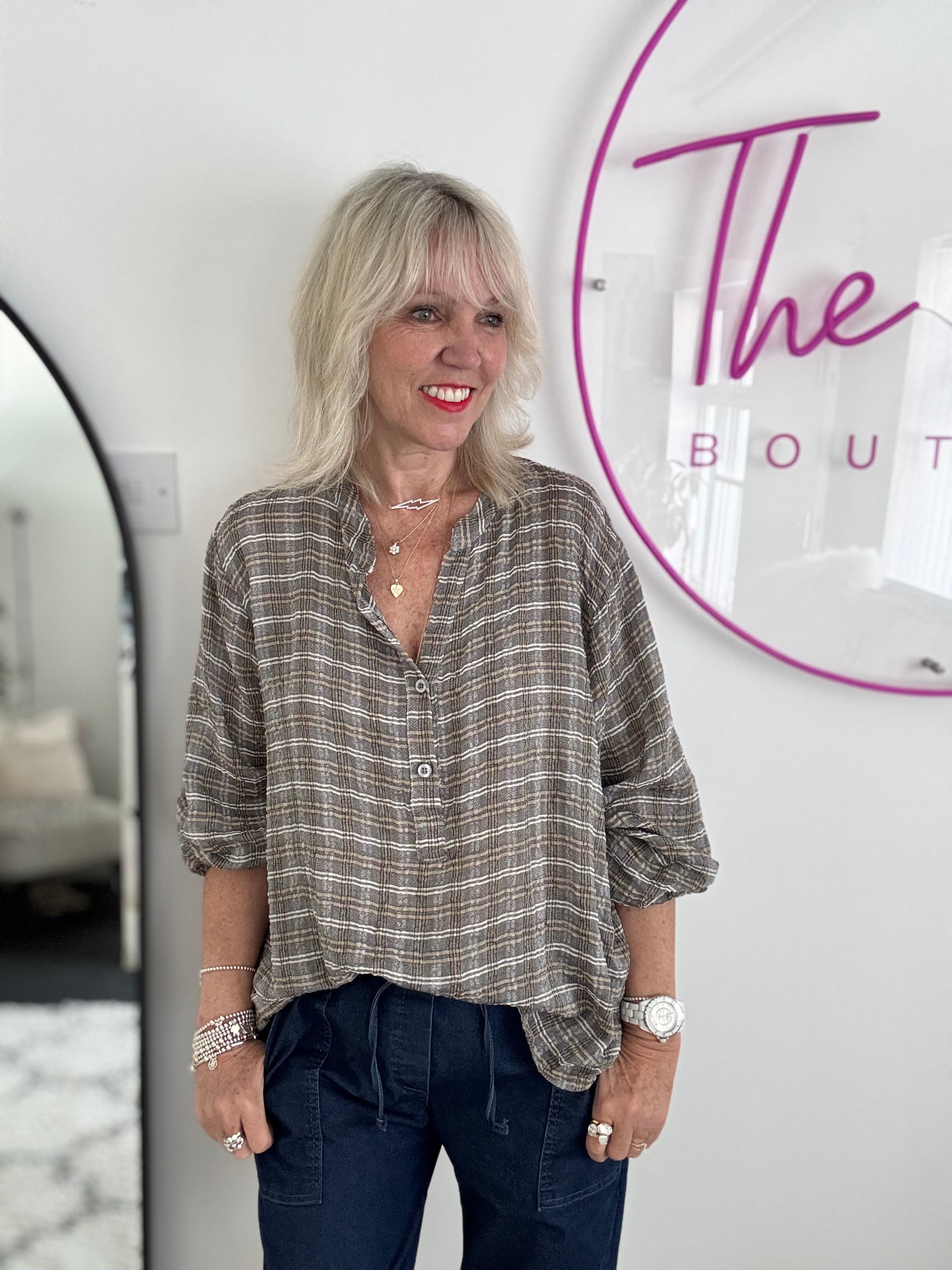 Checked Seersucker Shirt in Mocha