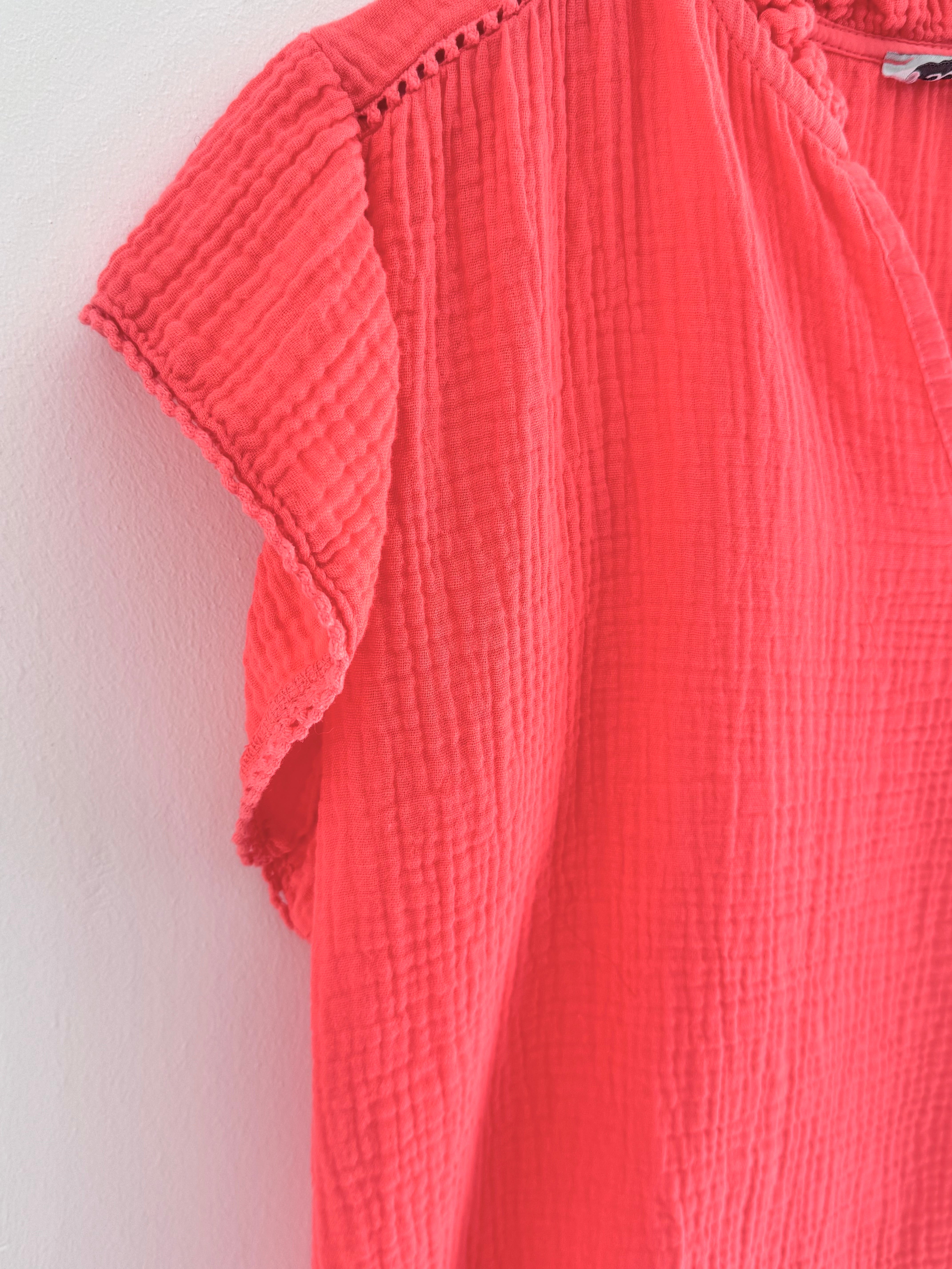 Cheesecloth Top with Ruffle Sleeves in Coral