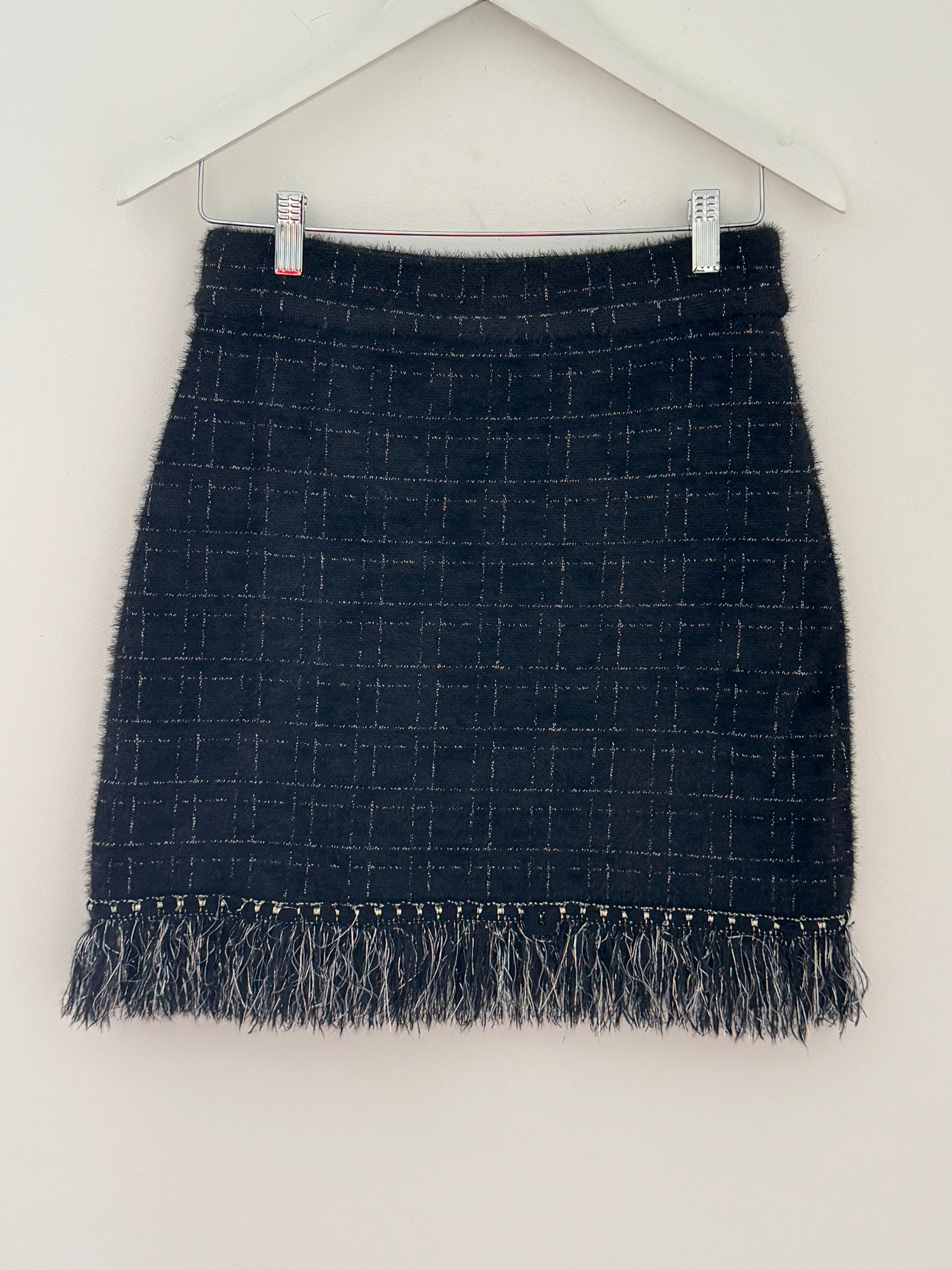 Pearl Button & Tweed Skirt in Black