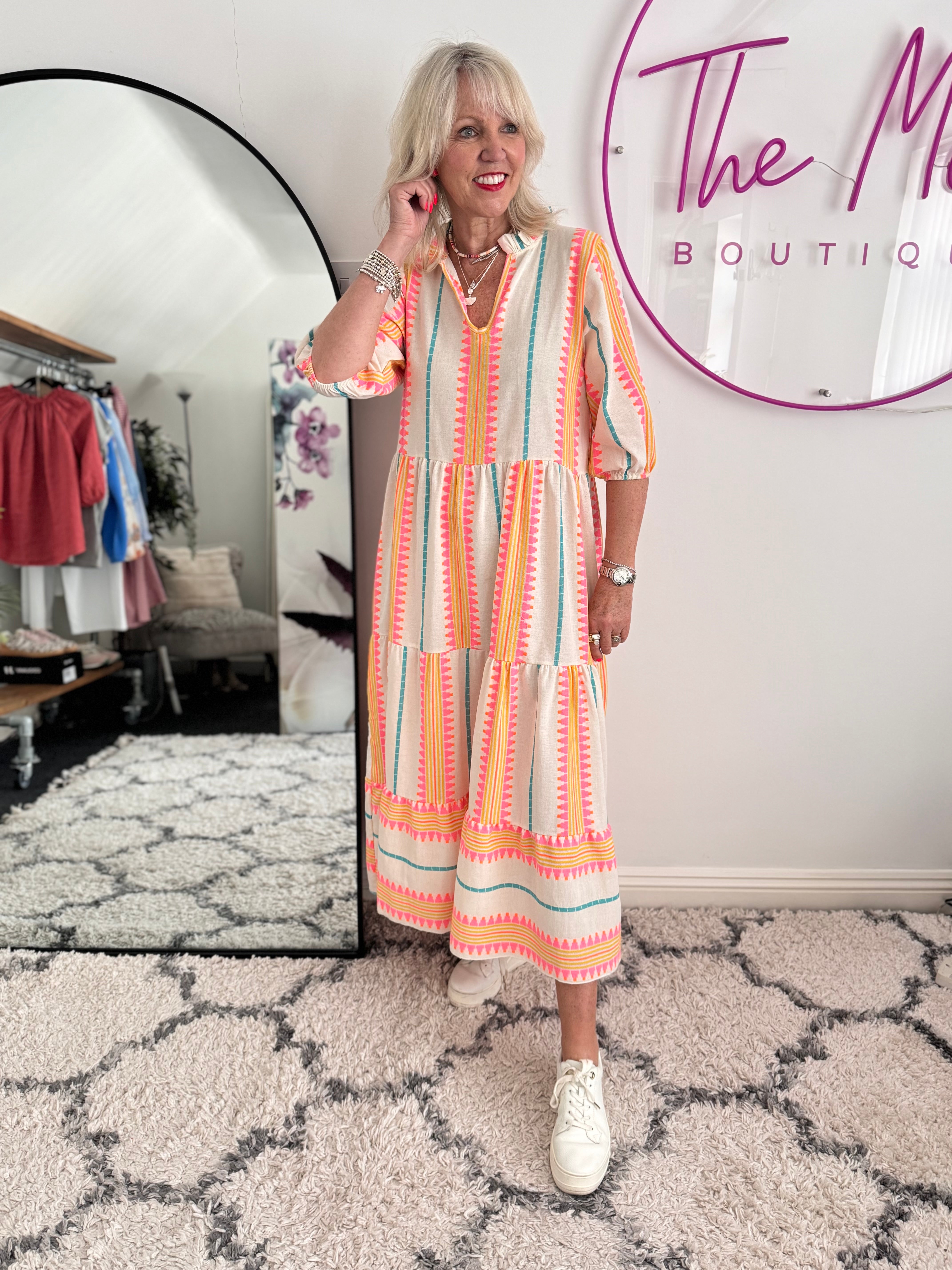 Embroidered Midi Dress in Pink & Neon