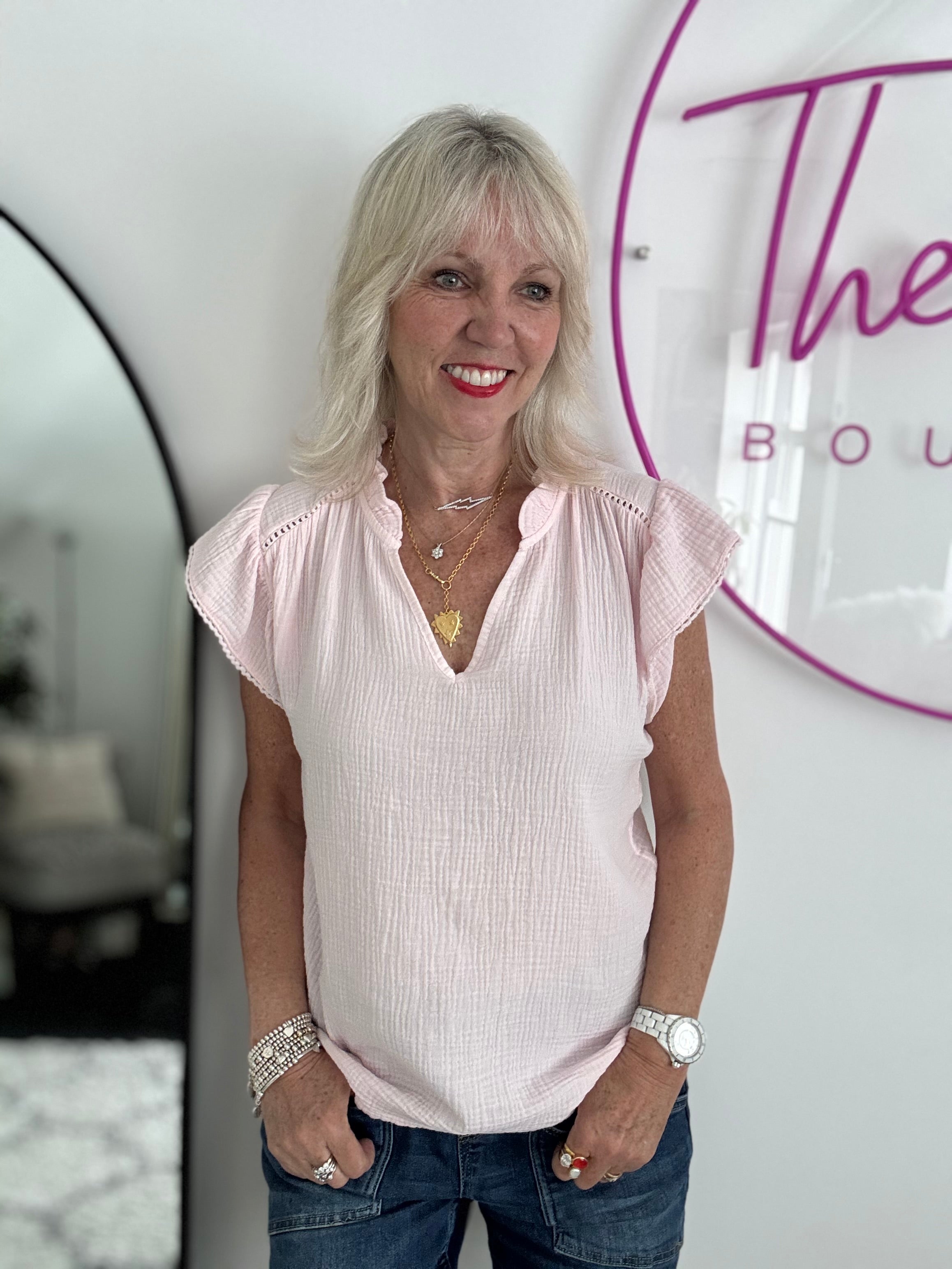 Cheesecloth Top with Ruffle Sleeves in Pink