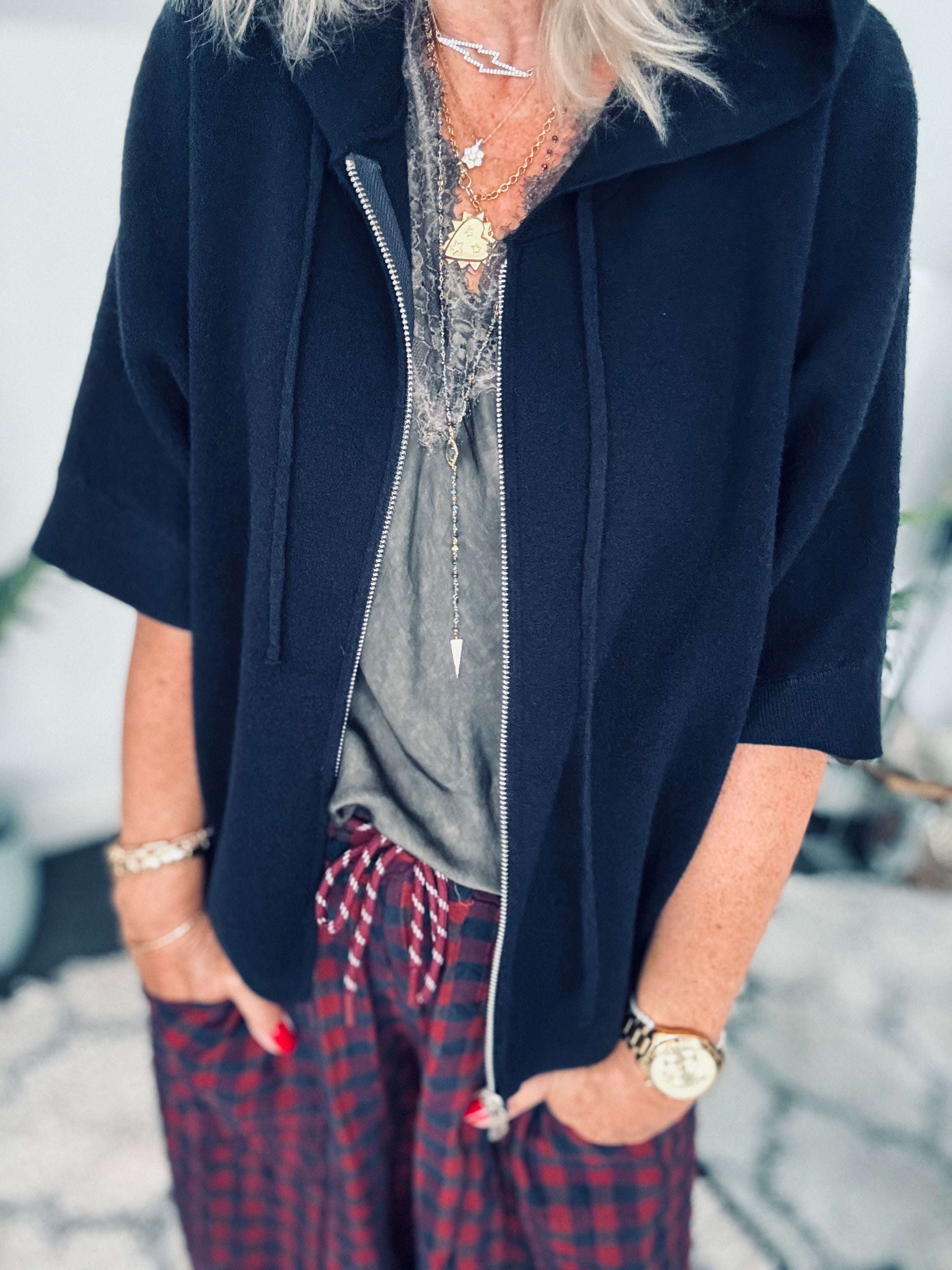 Soft Hooded Zipped Knit in Ink Navy