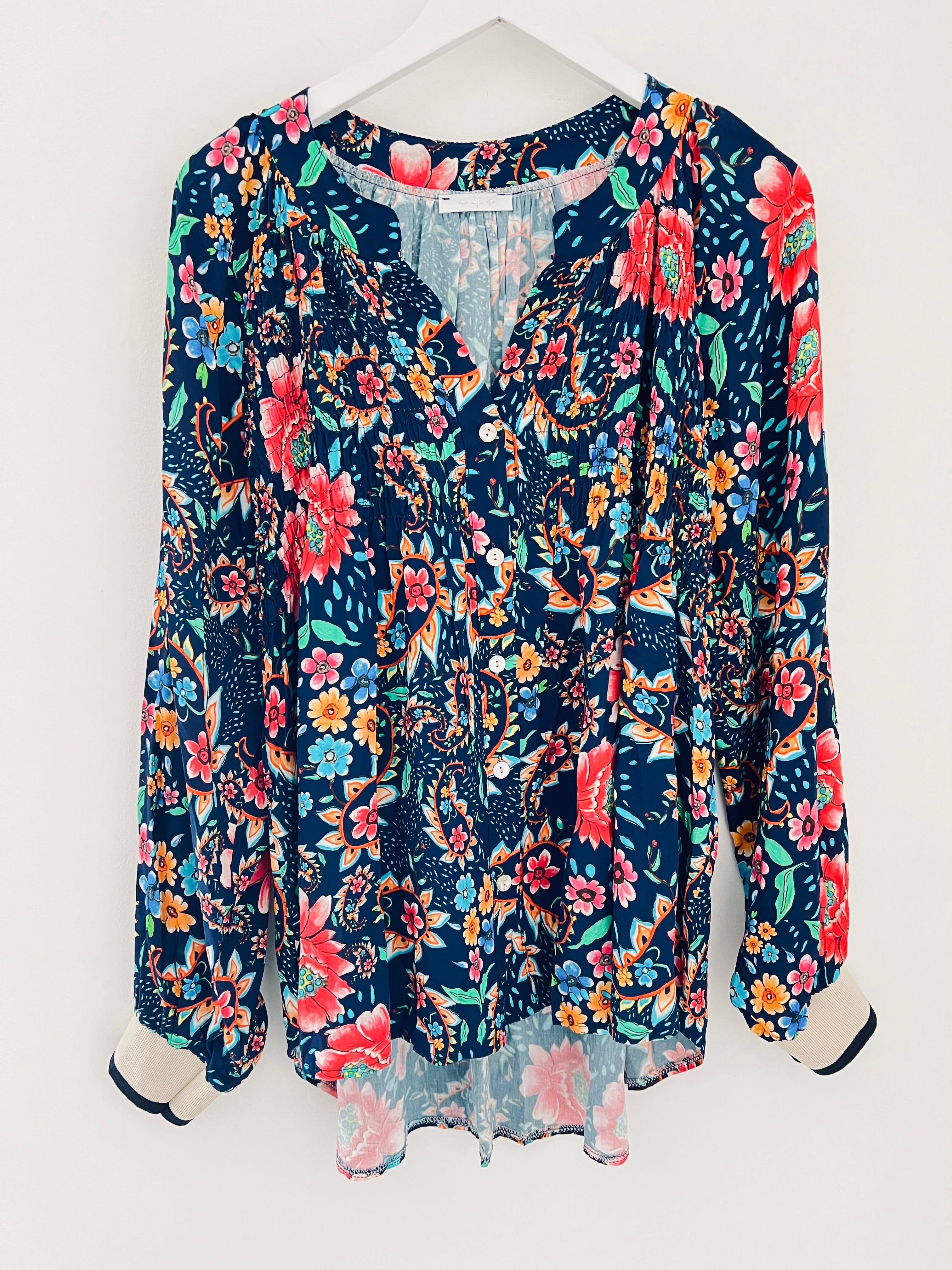 Floral Blouse with Elasticated Cuffs in Dark Blue