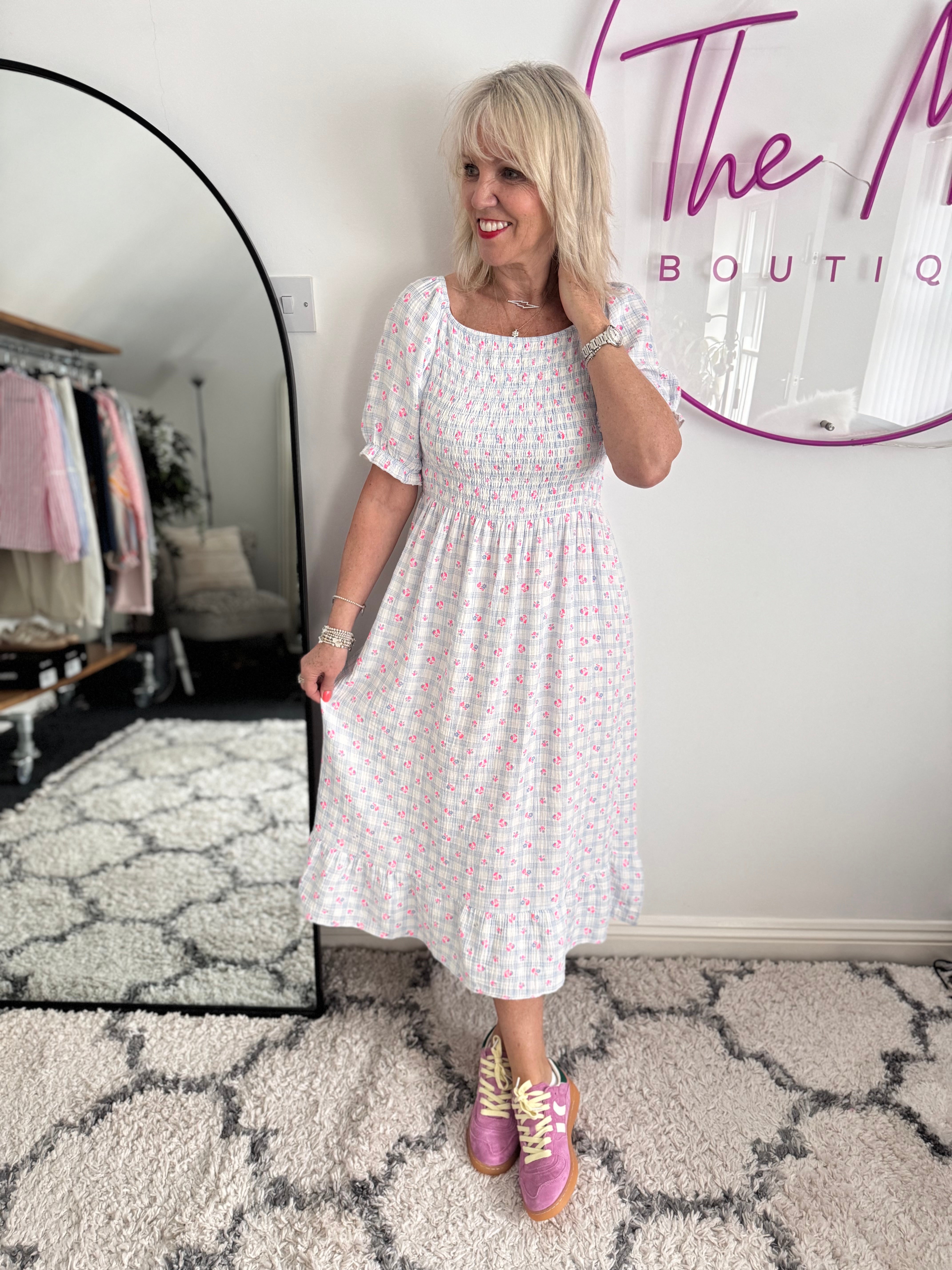 Ditsy Print Dress in Blue & Pink