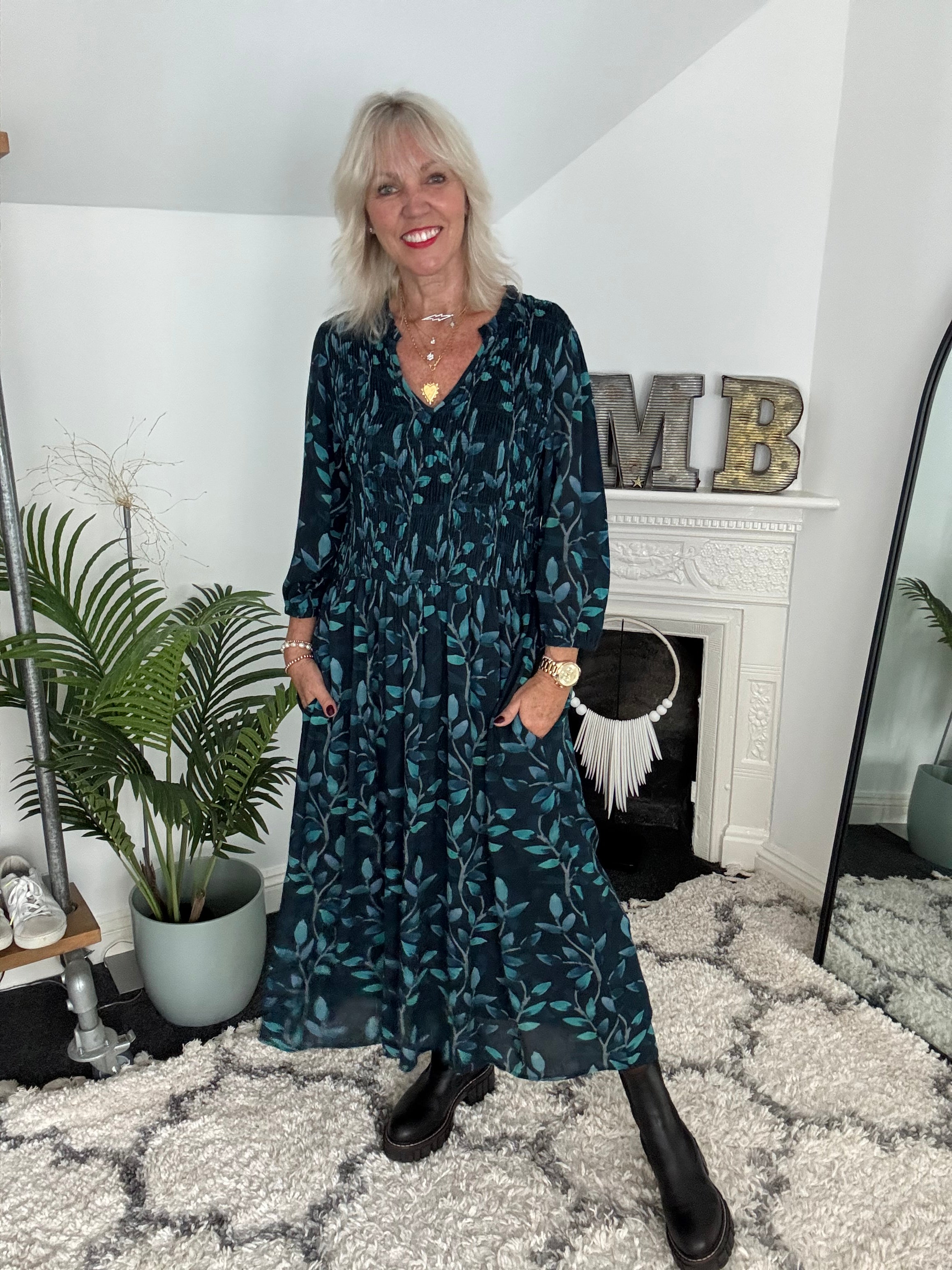 Leaf Print Dress with Shirred Bodice in Teal