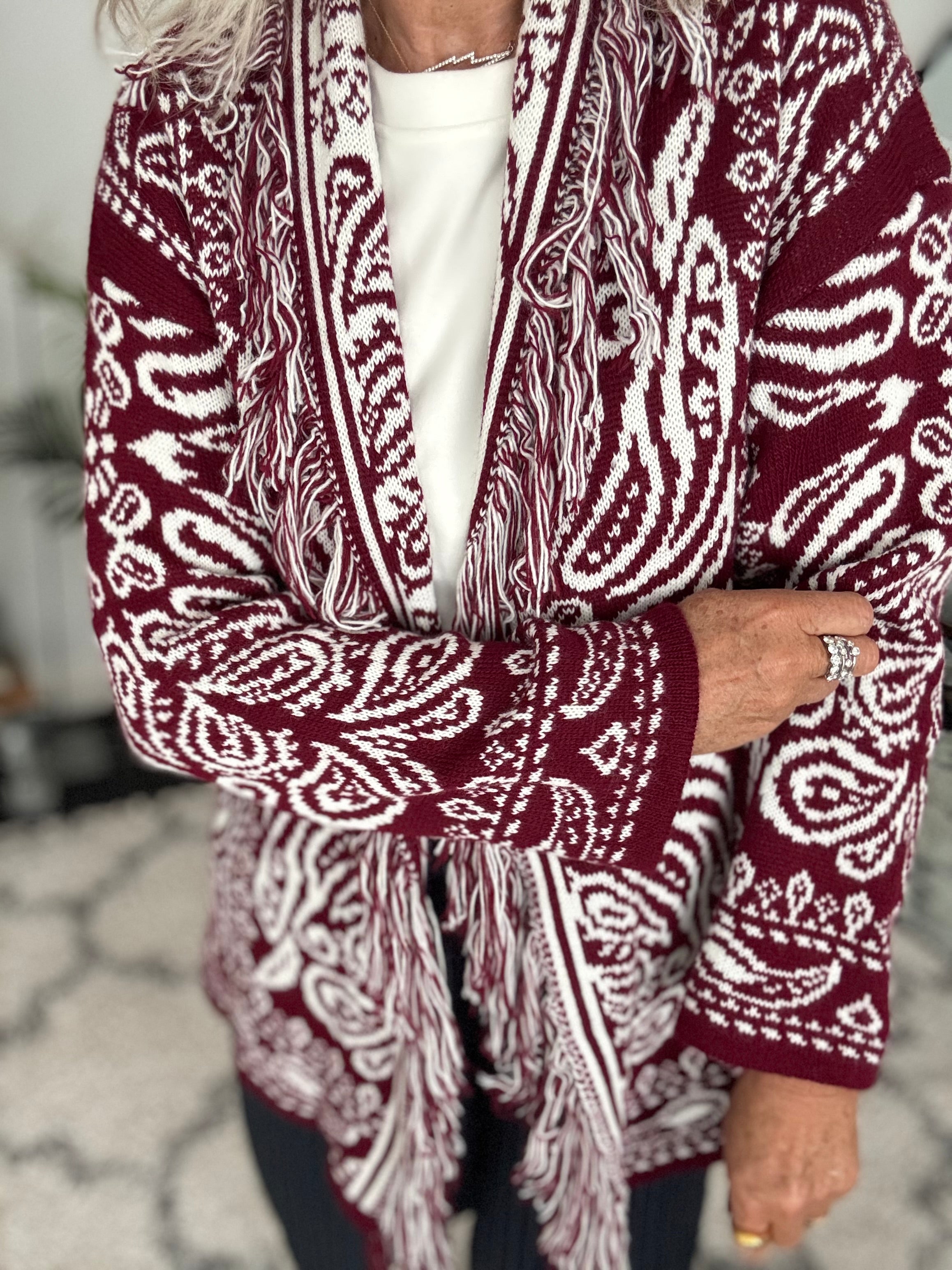 Fringed Paisley Cardigan in Wine