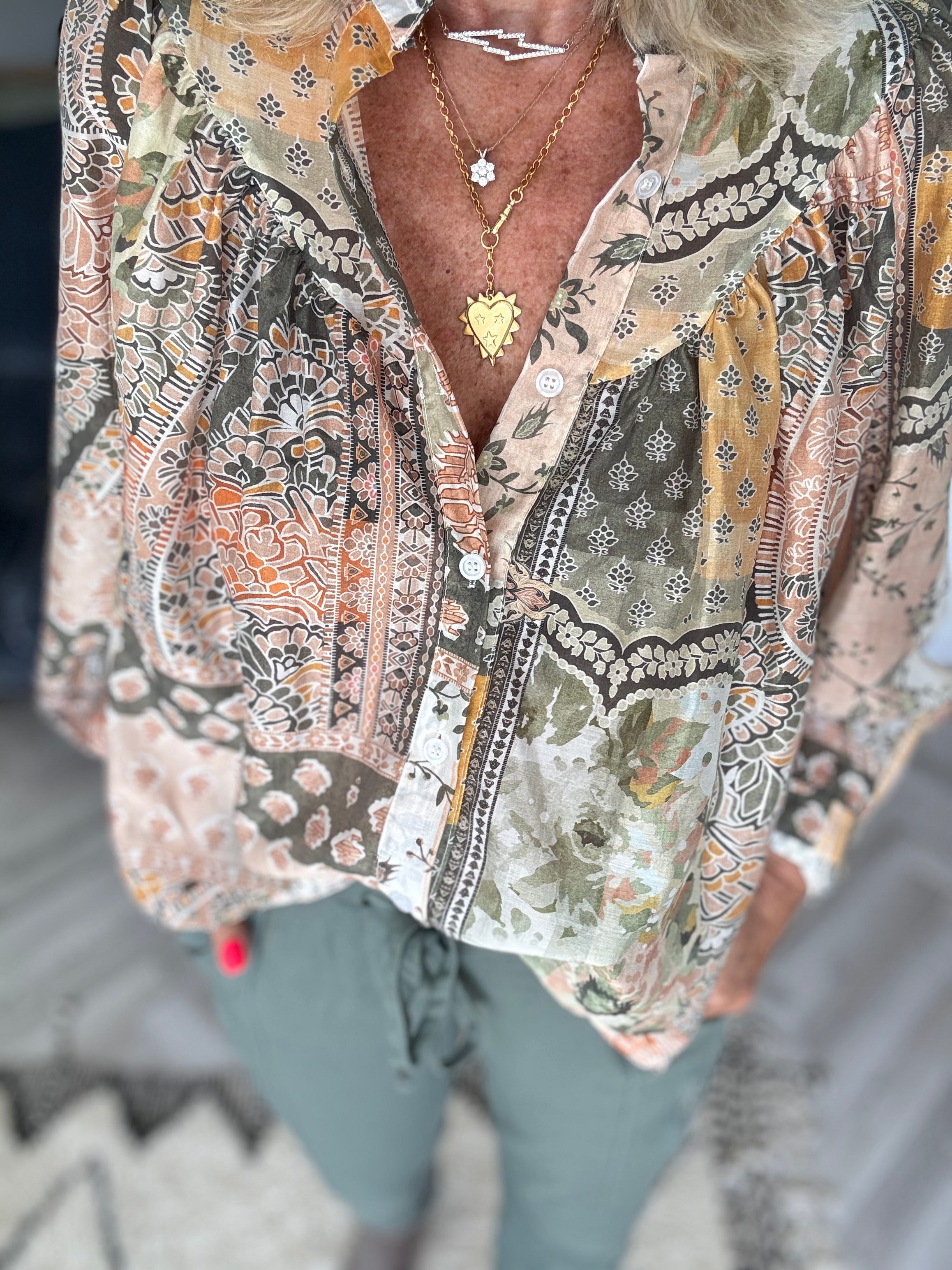 Patchwork Shirt in Khaki & Coral
