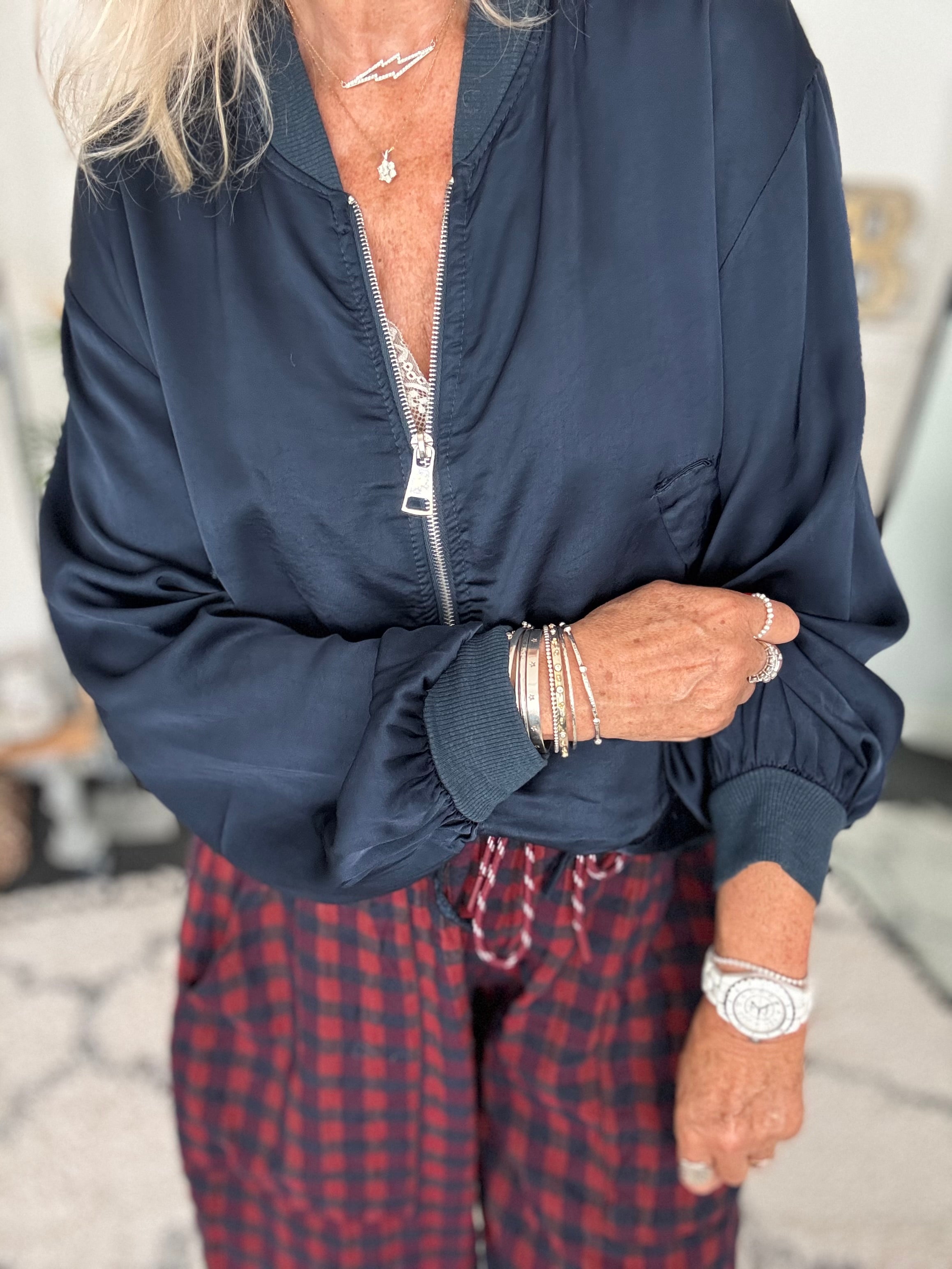 Silky Bomber Jacket in Midnight Blue