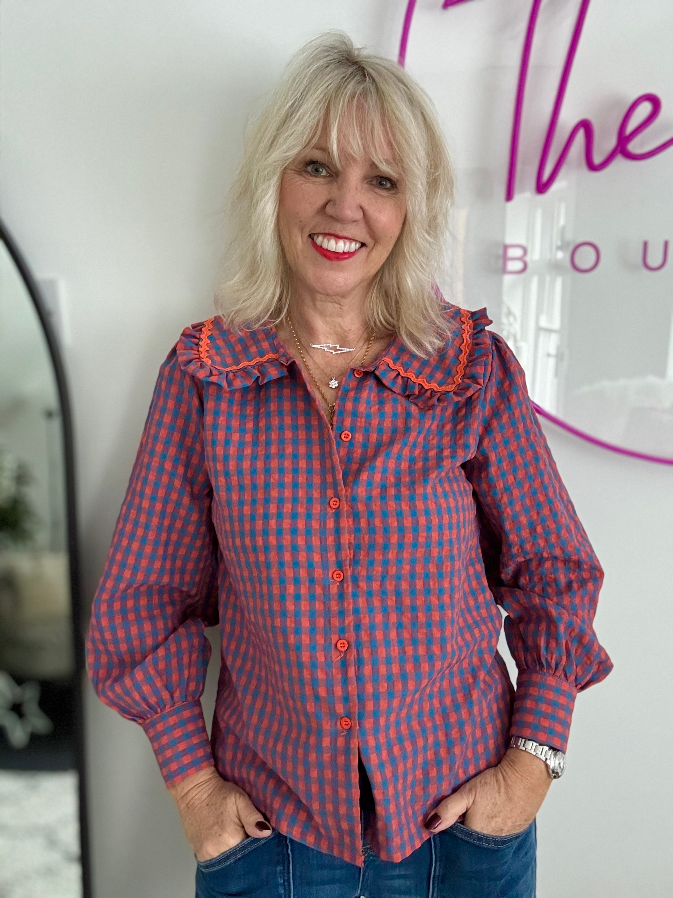 Collared Check Shirt in Orange & Blue