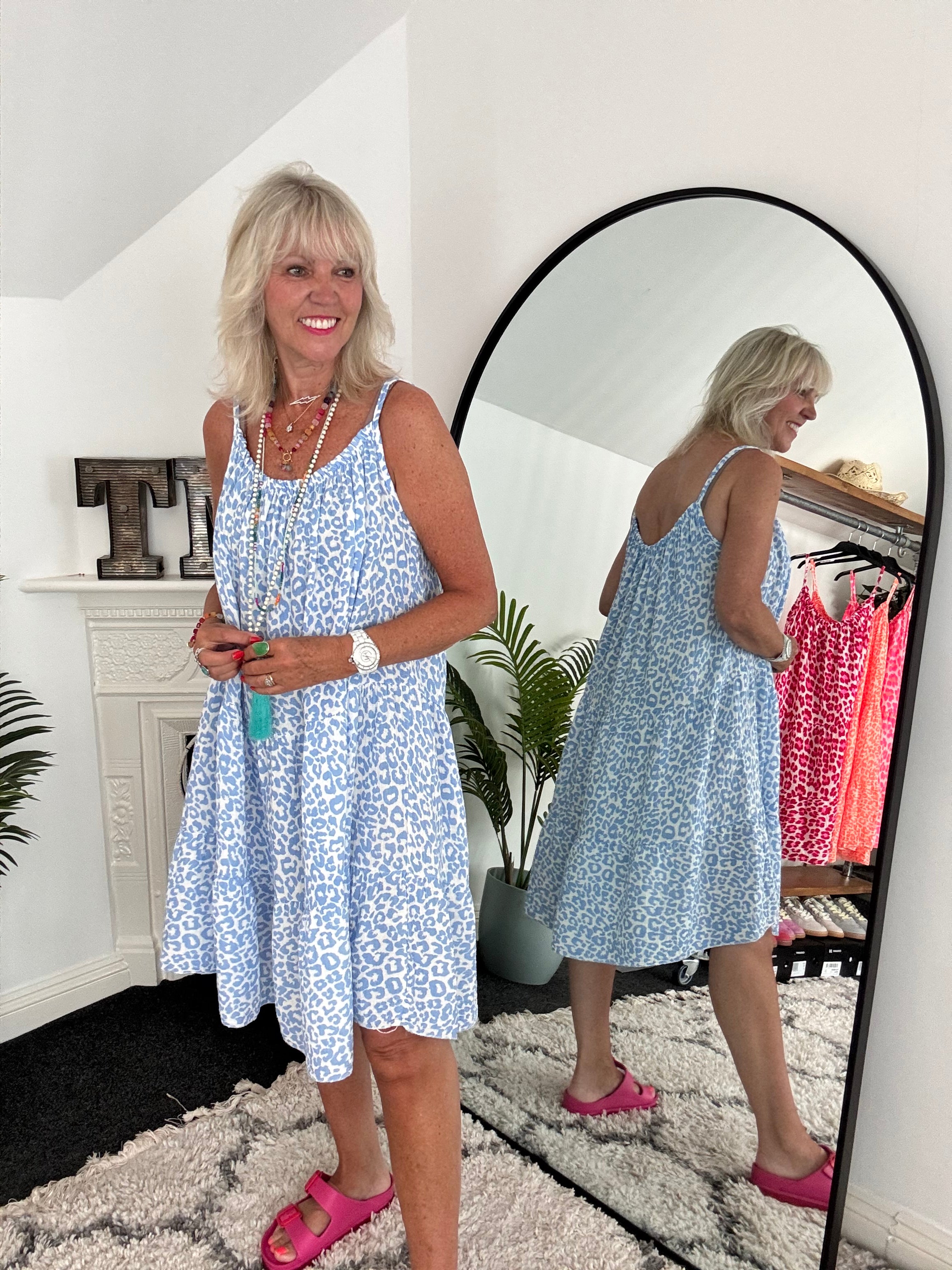 Leopard Cheesecloth Dress in Blue & White