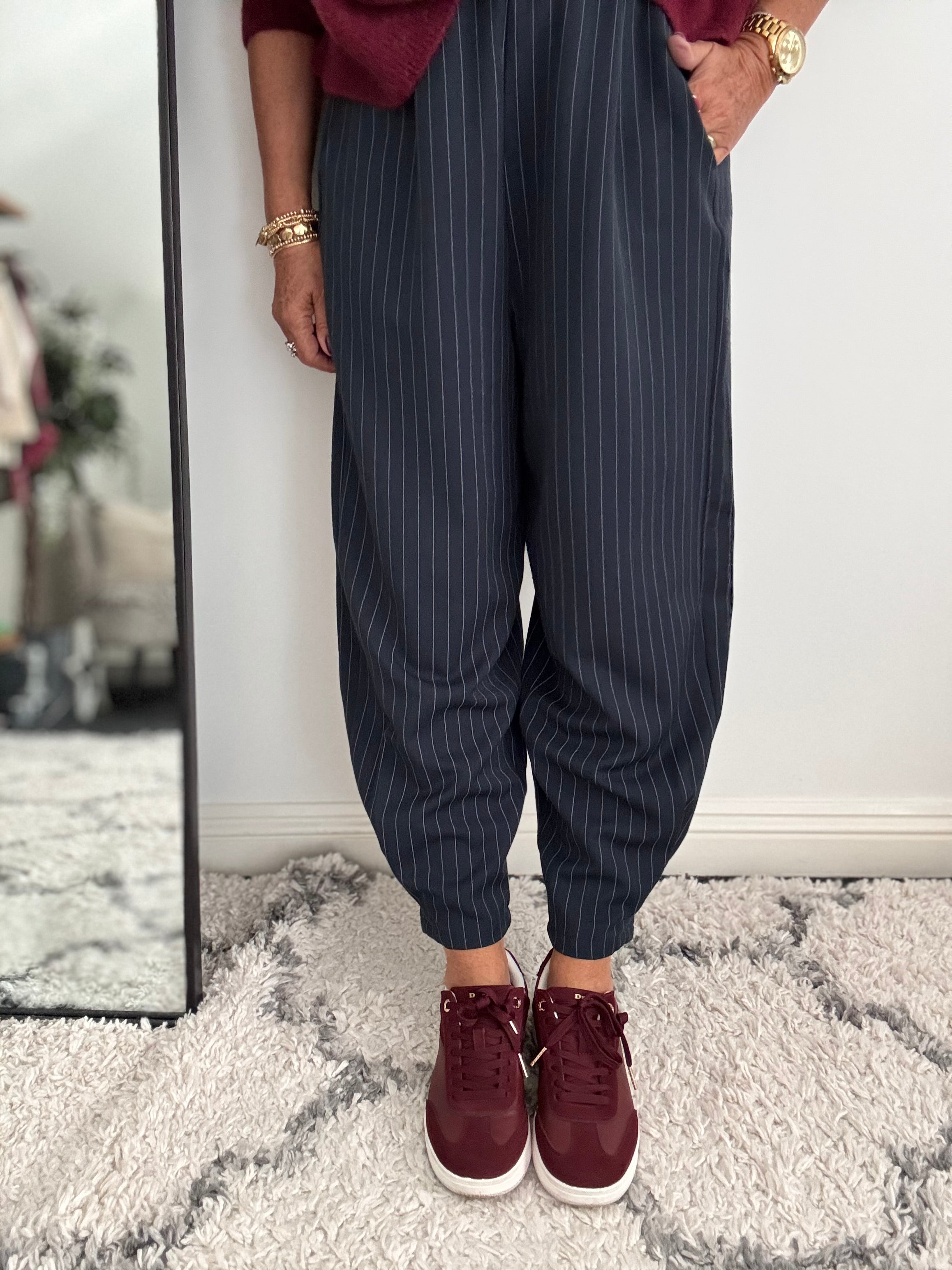 Pinstripe Barrel Leg Trousers in Navy