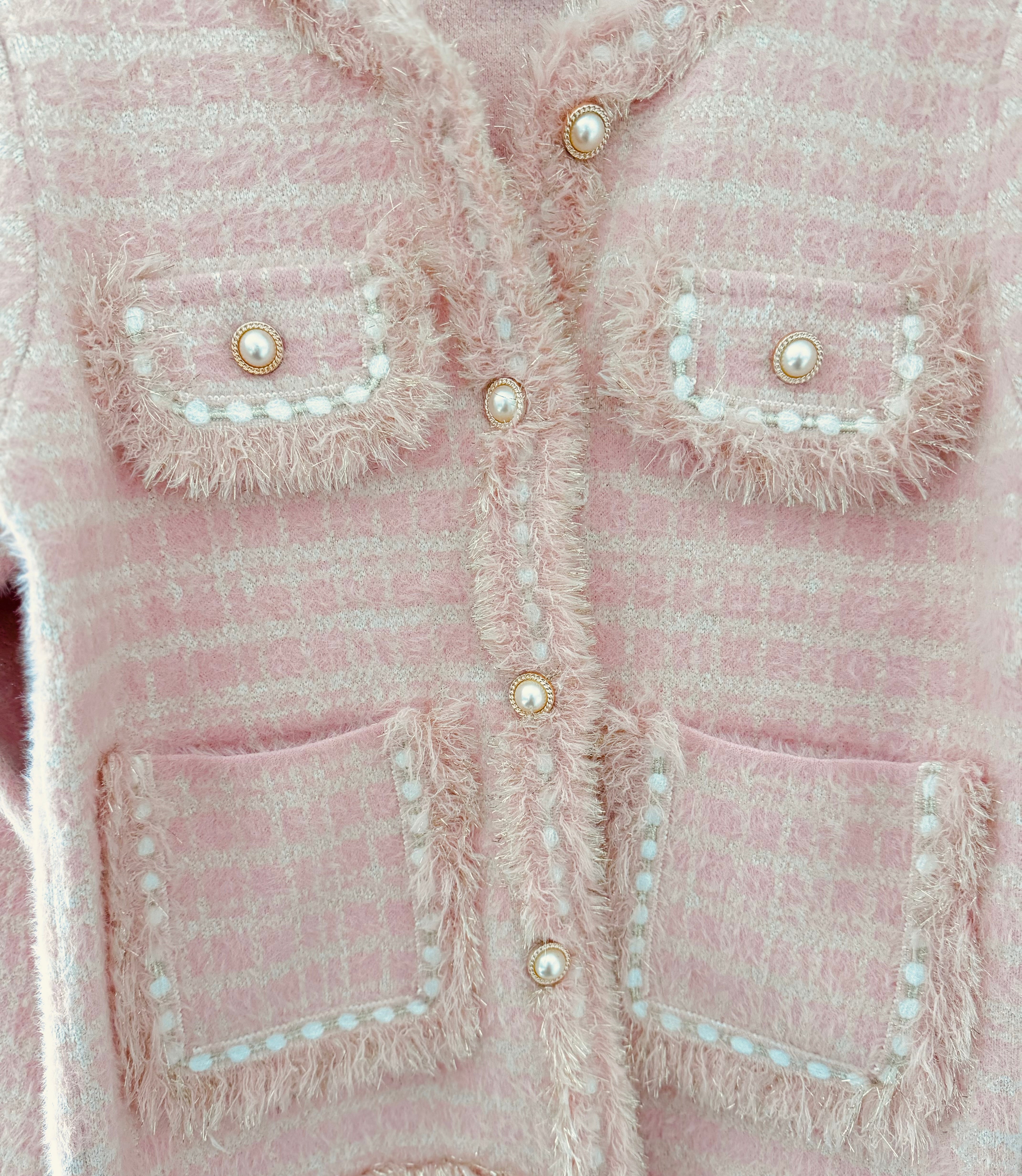 Pearl Button & Tweed Cardi Jacket in Pink