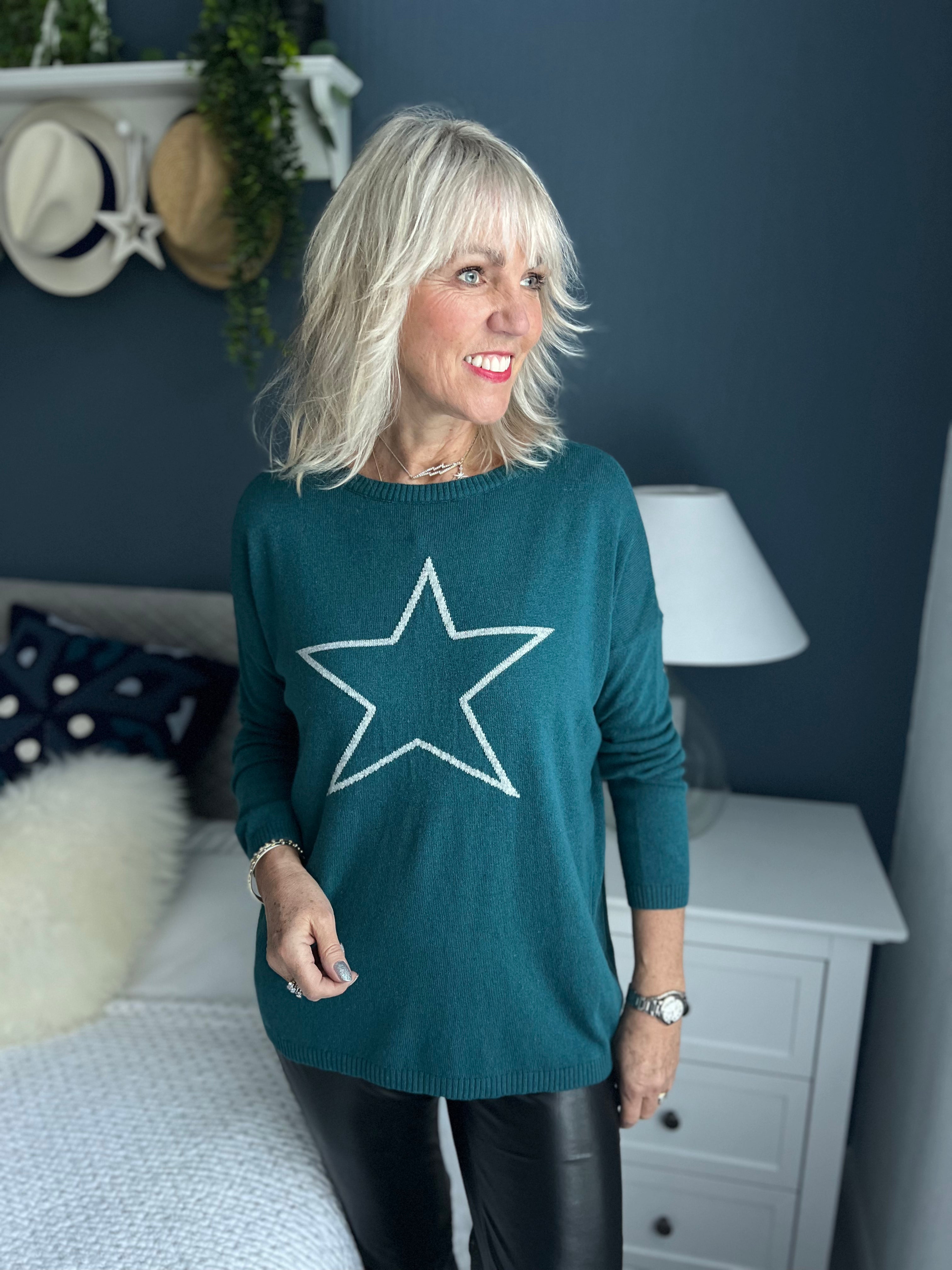 Star Cashmere Jumper in Teal & Silver