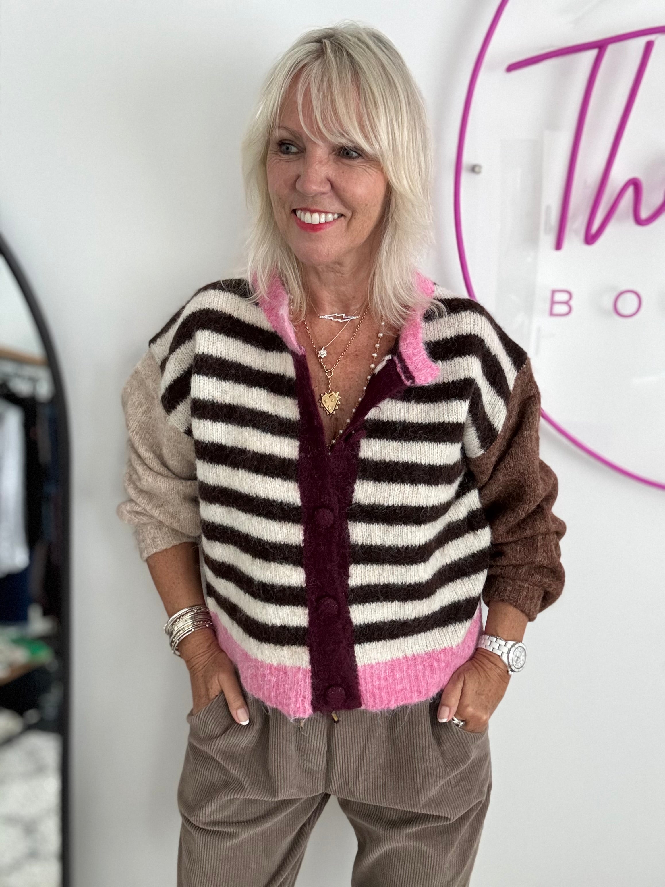 Stripe Mohair Cardi in Pink & Cocoa