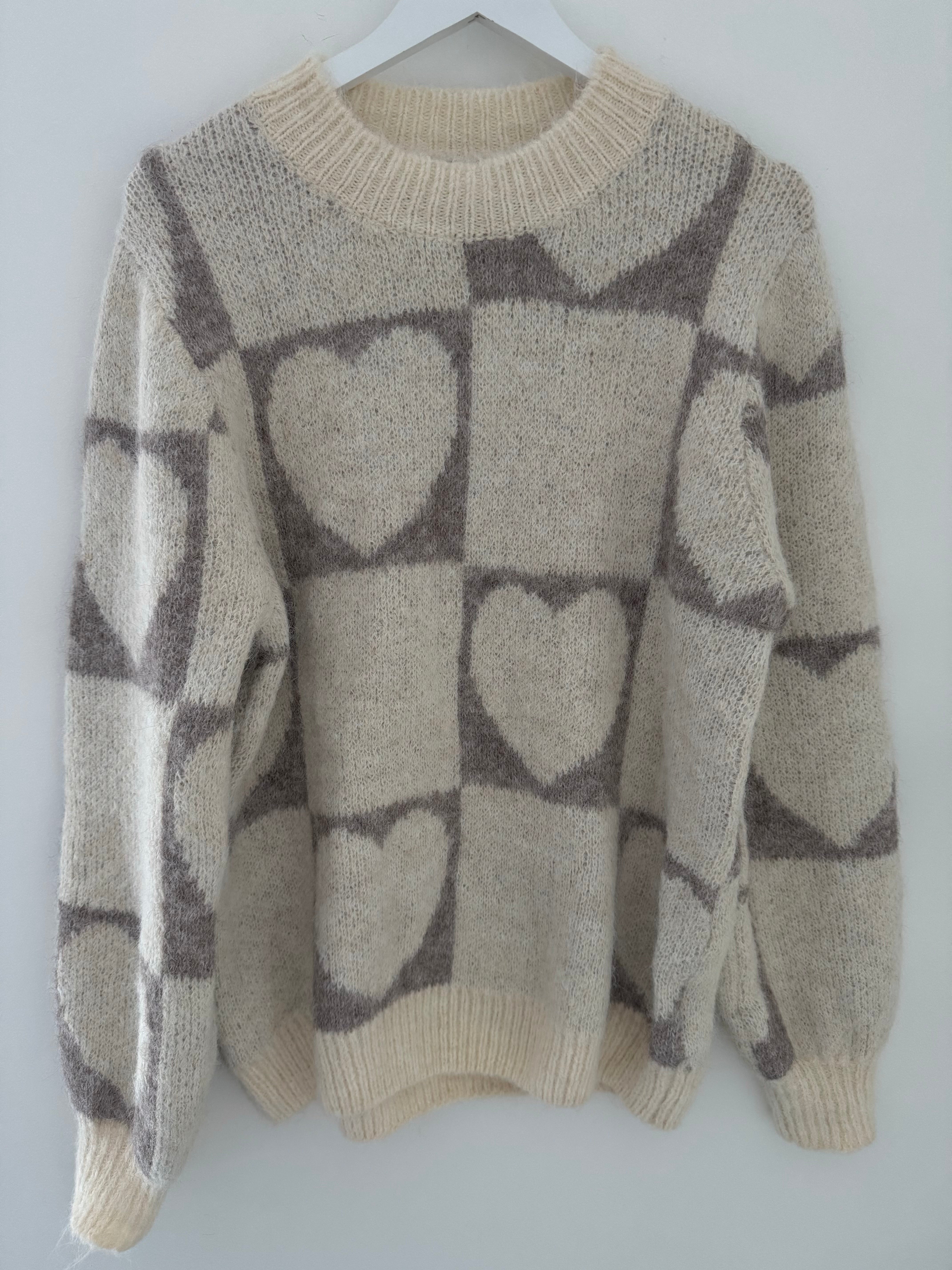Heart & Squares Sweater in Ecru & Mocha