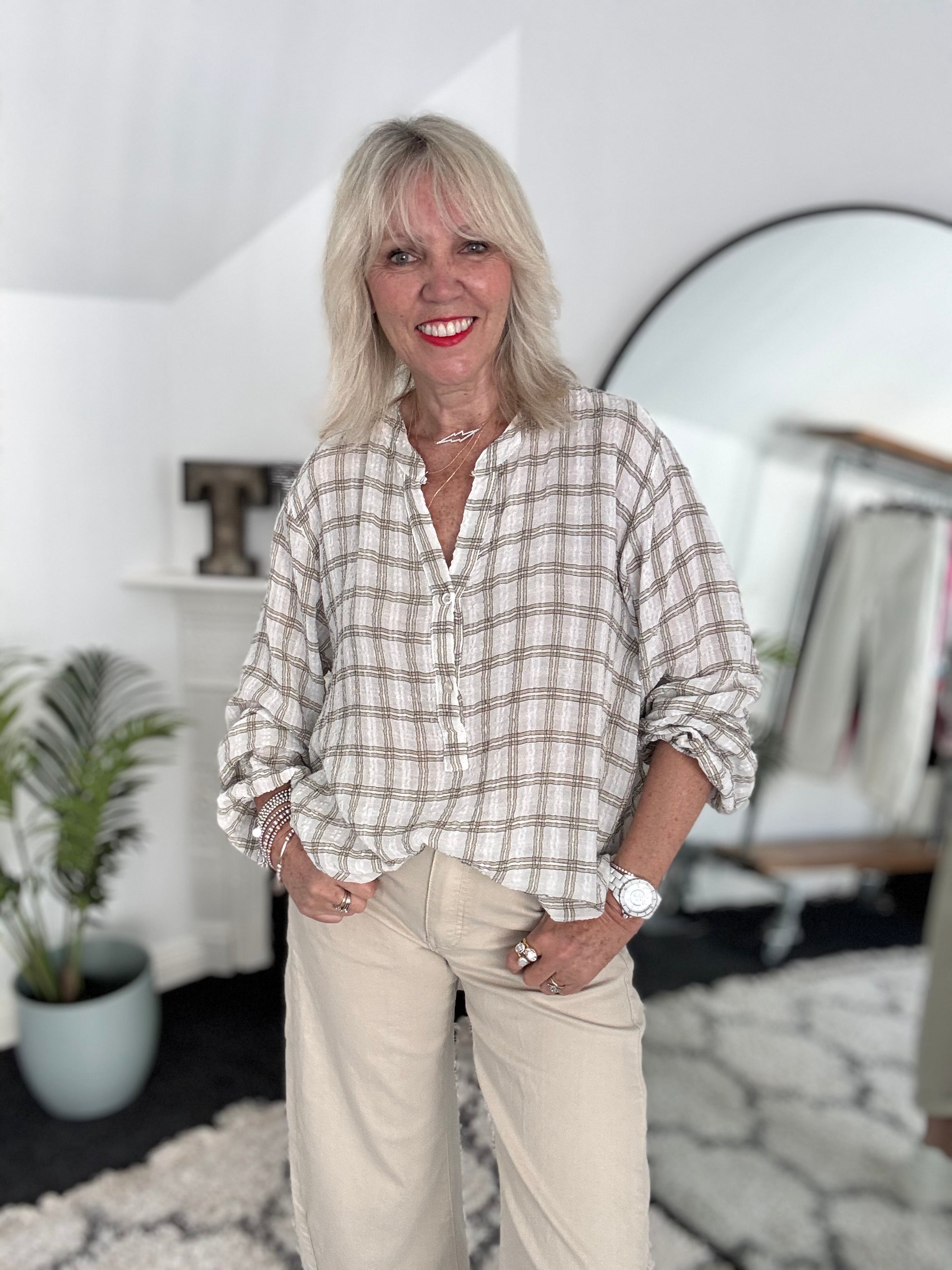 Checked Seersucker Shirt in Ivory