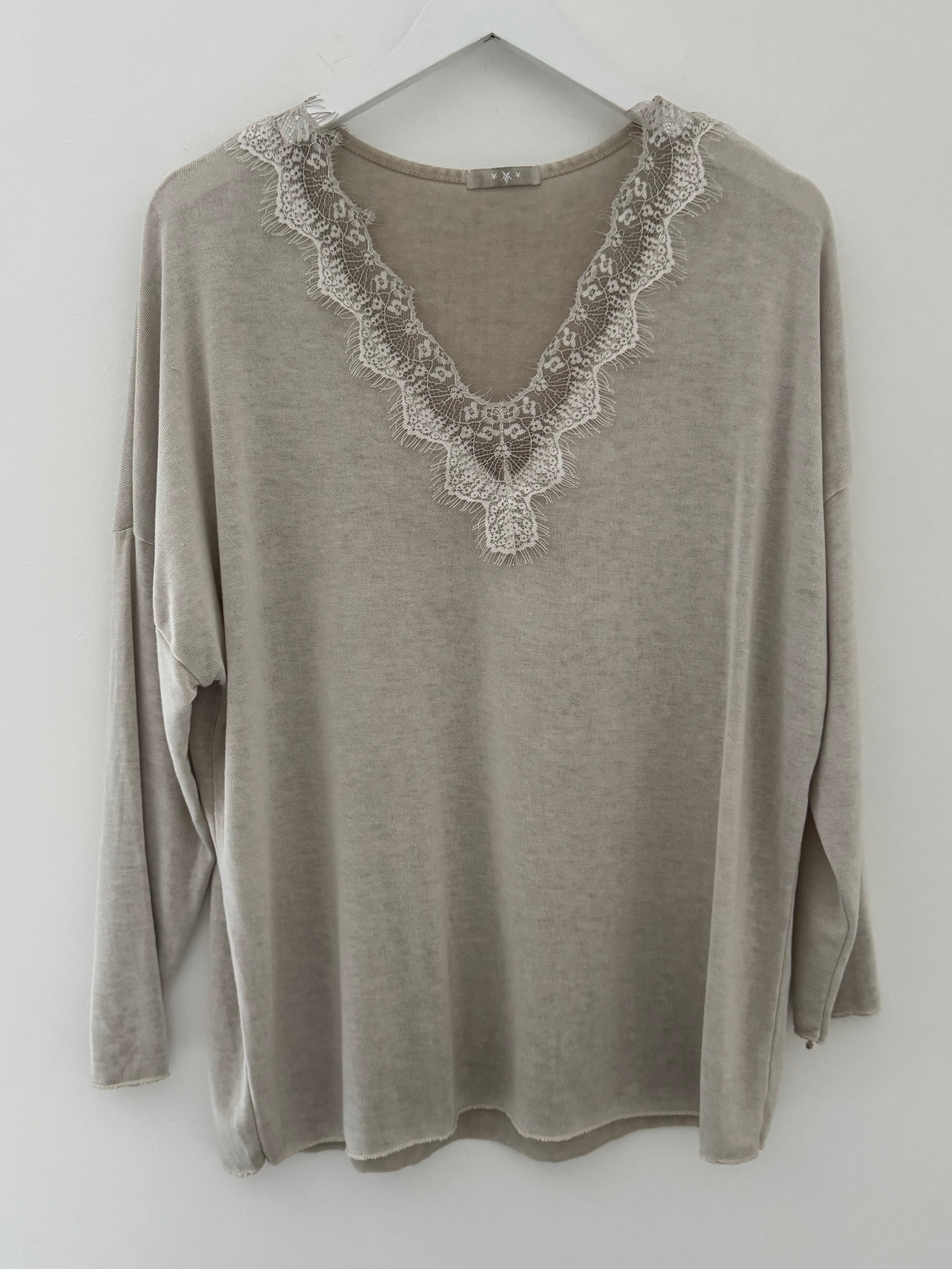 Lace Edge Lightweight Knit in Pale Stone