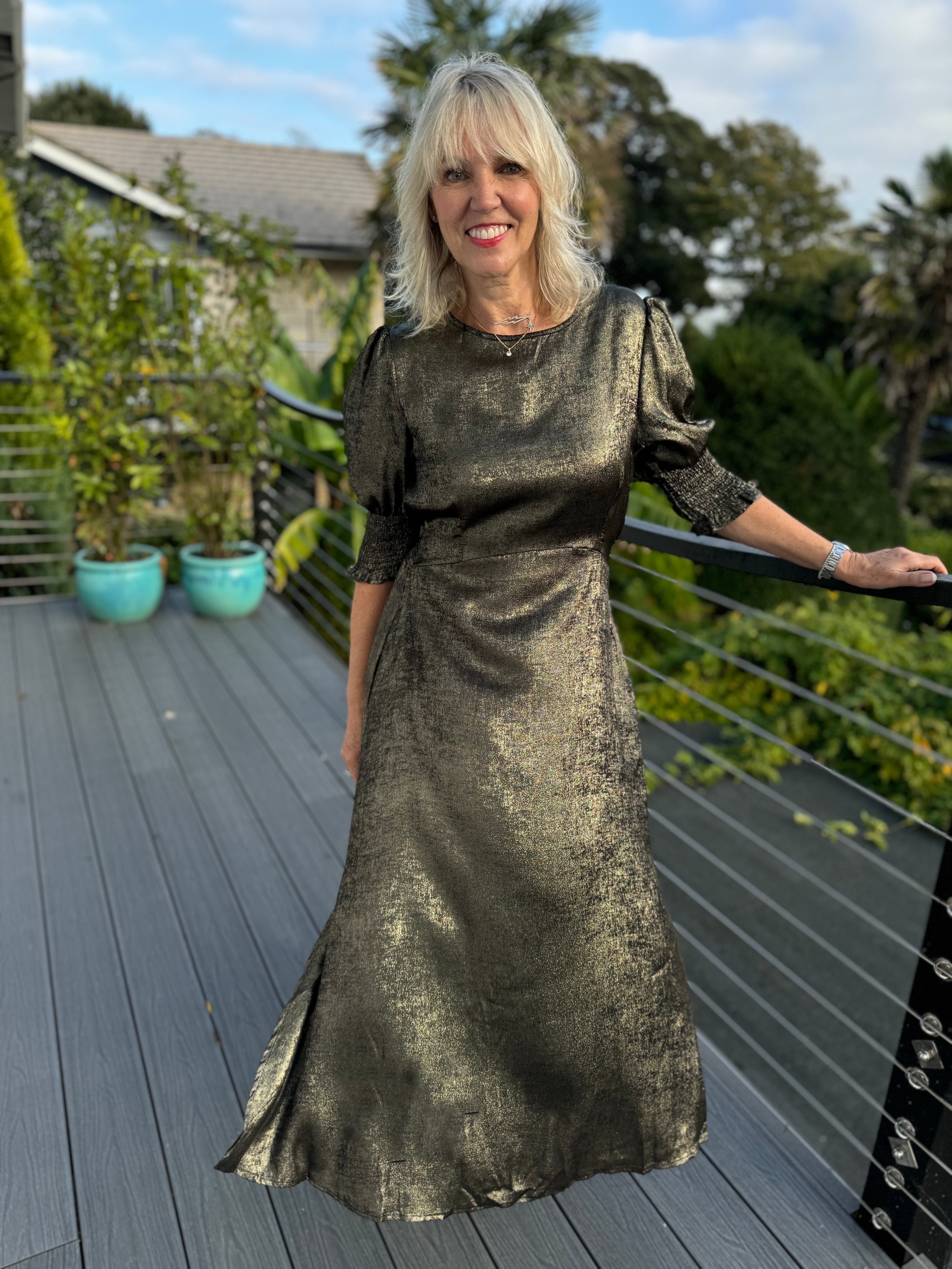 Metallic Tea Dress in Gold & Black