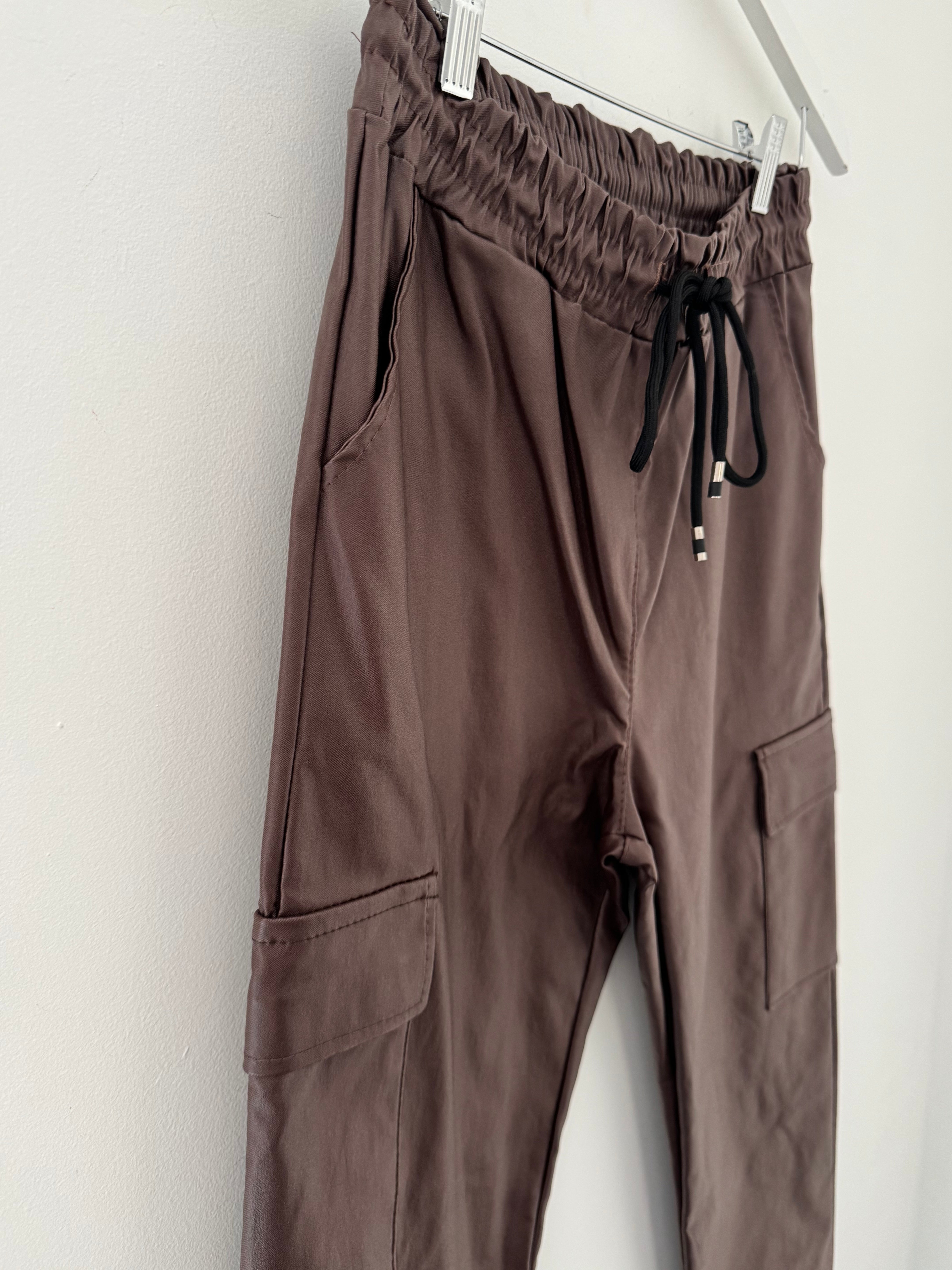 Leather Look Cargo Joggers in Chocolate