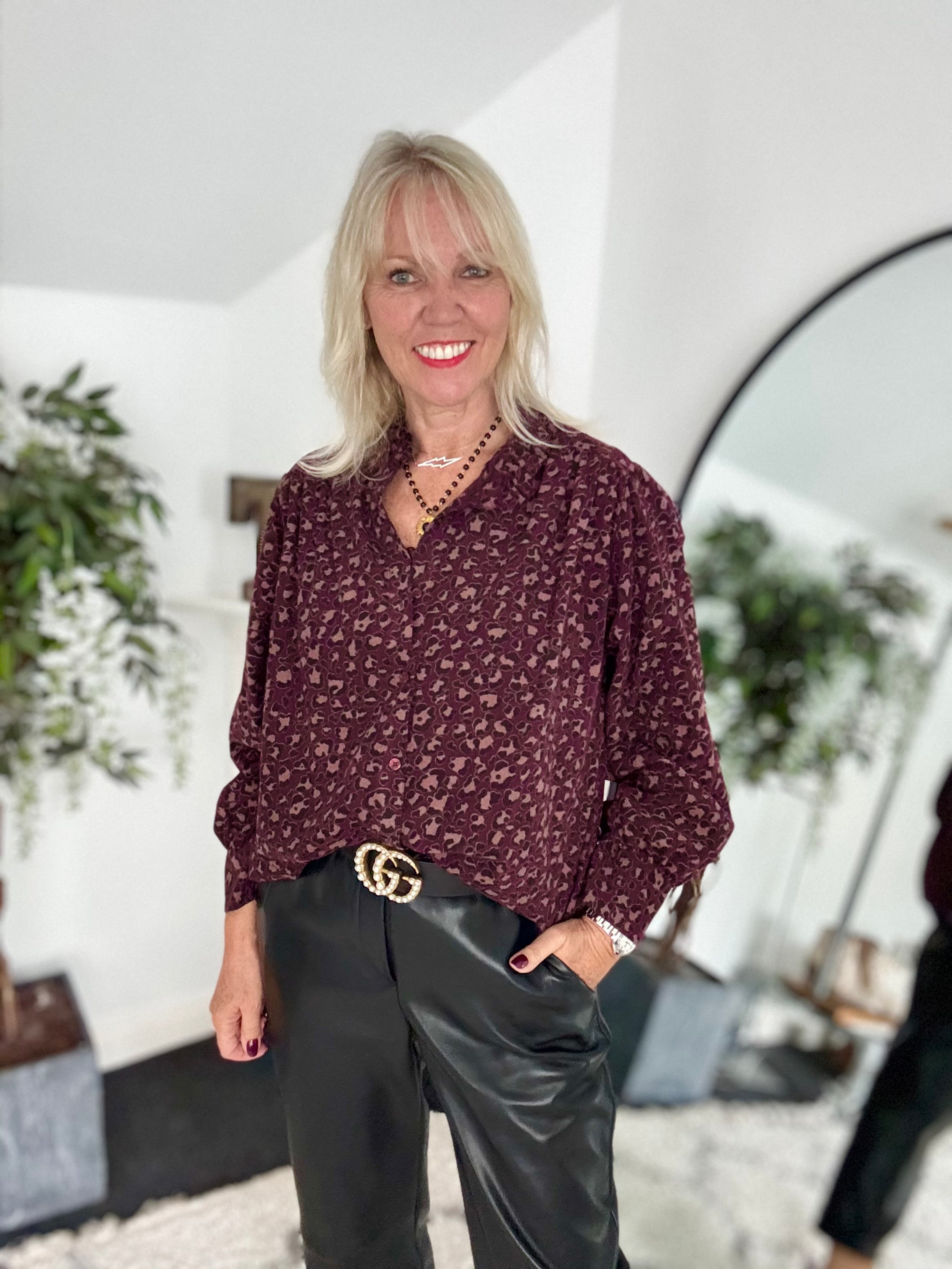 Needlecord Ruffle Blouse in Damson Leopard