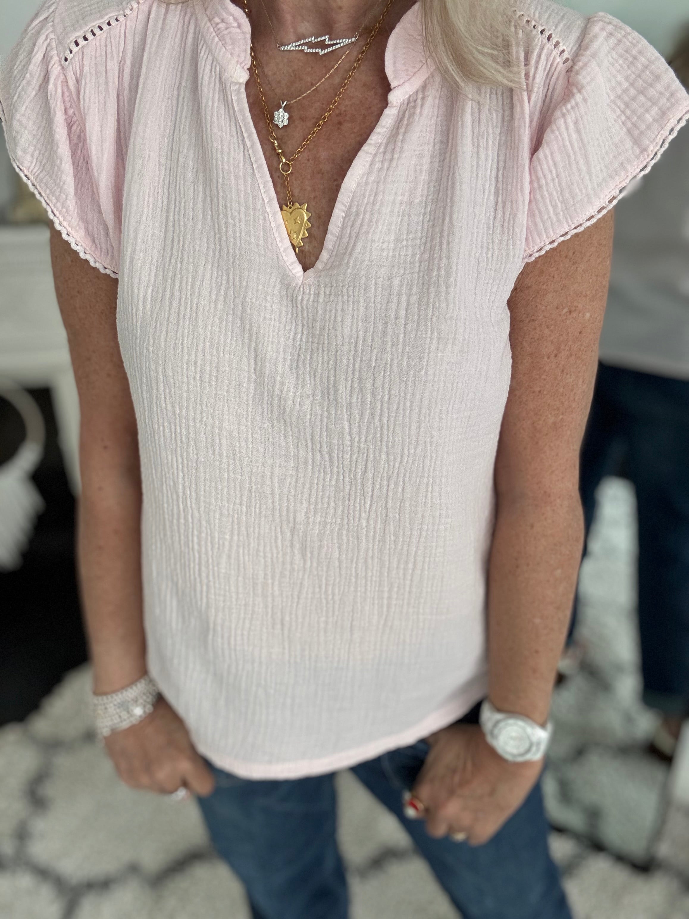 Cheesecloth Top with Ruffle Sleeves in Pink