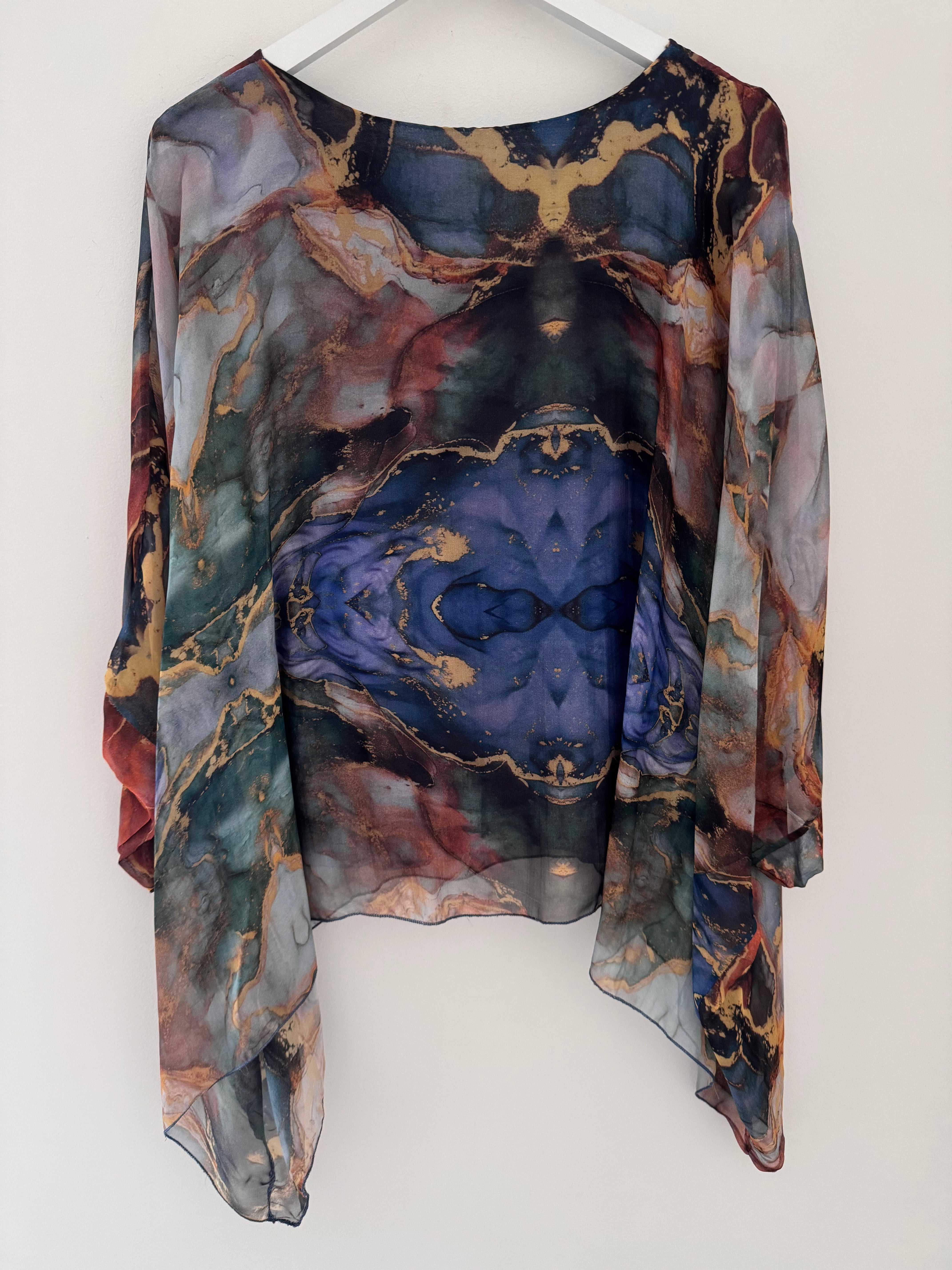 Silk Blouse in Dark Blue & Rust Marble