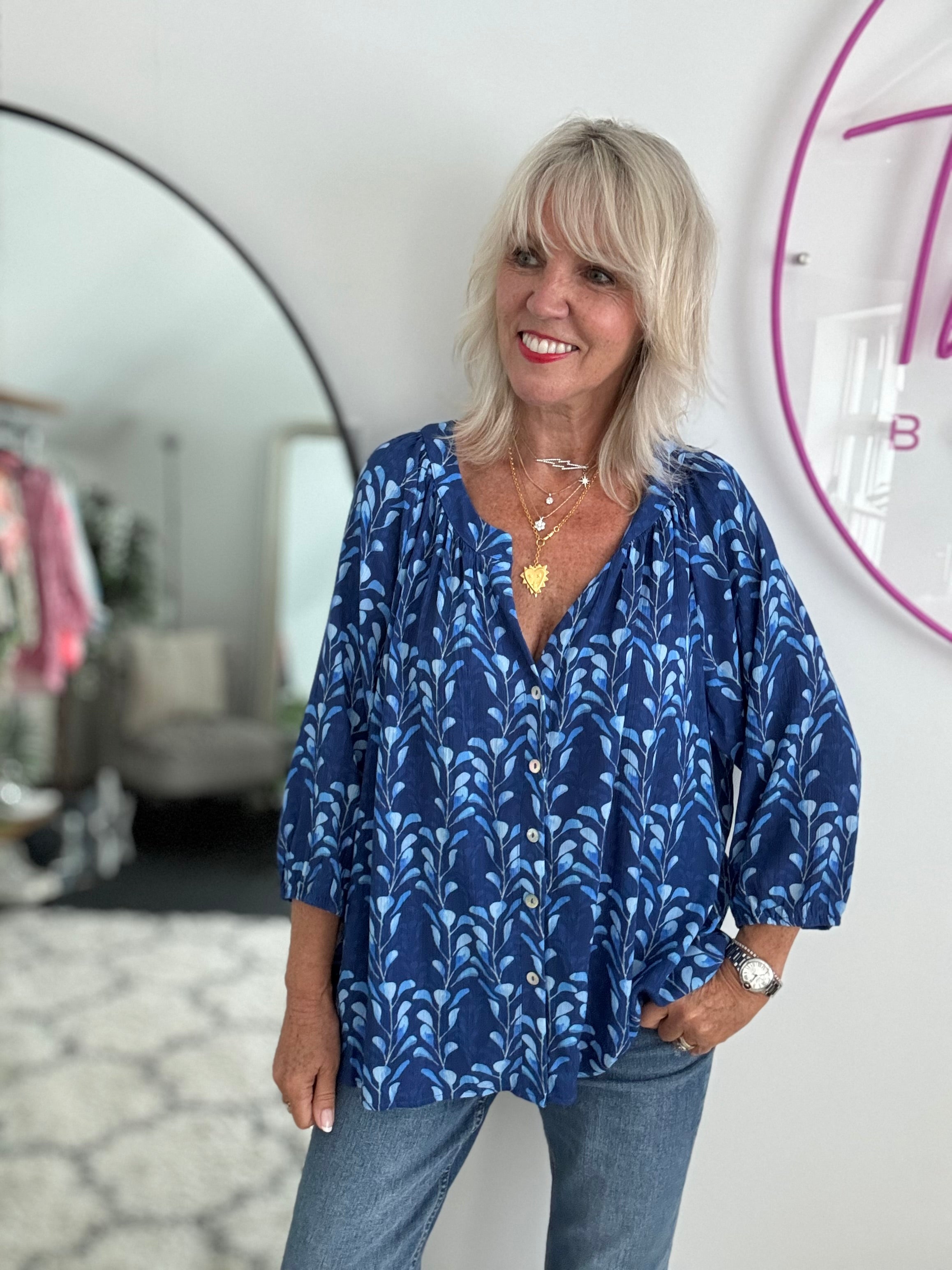 Leaf Print Blouse in Blue