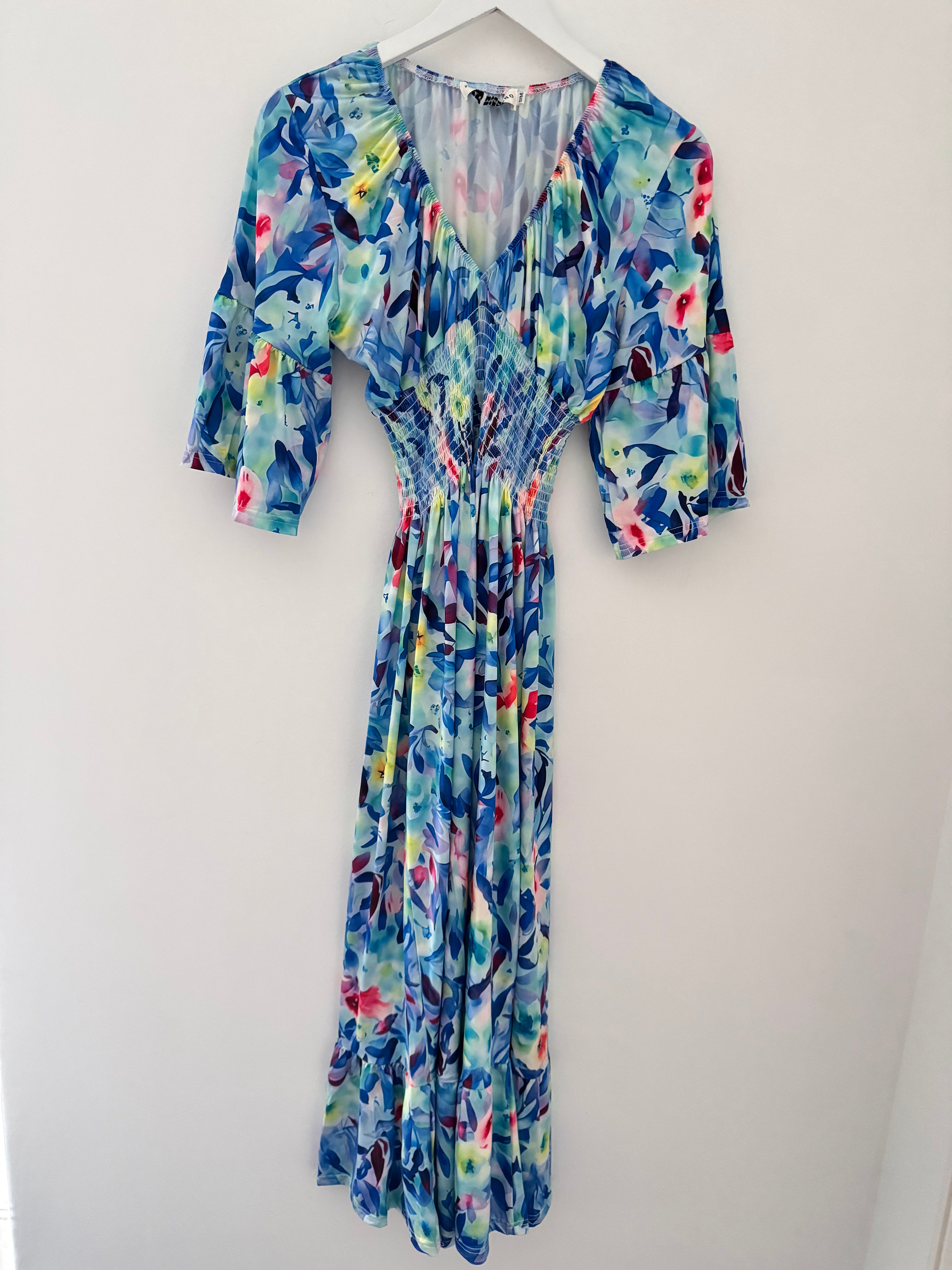 Silky Stretch Dress in Blue & Pink