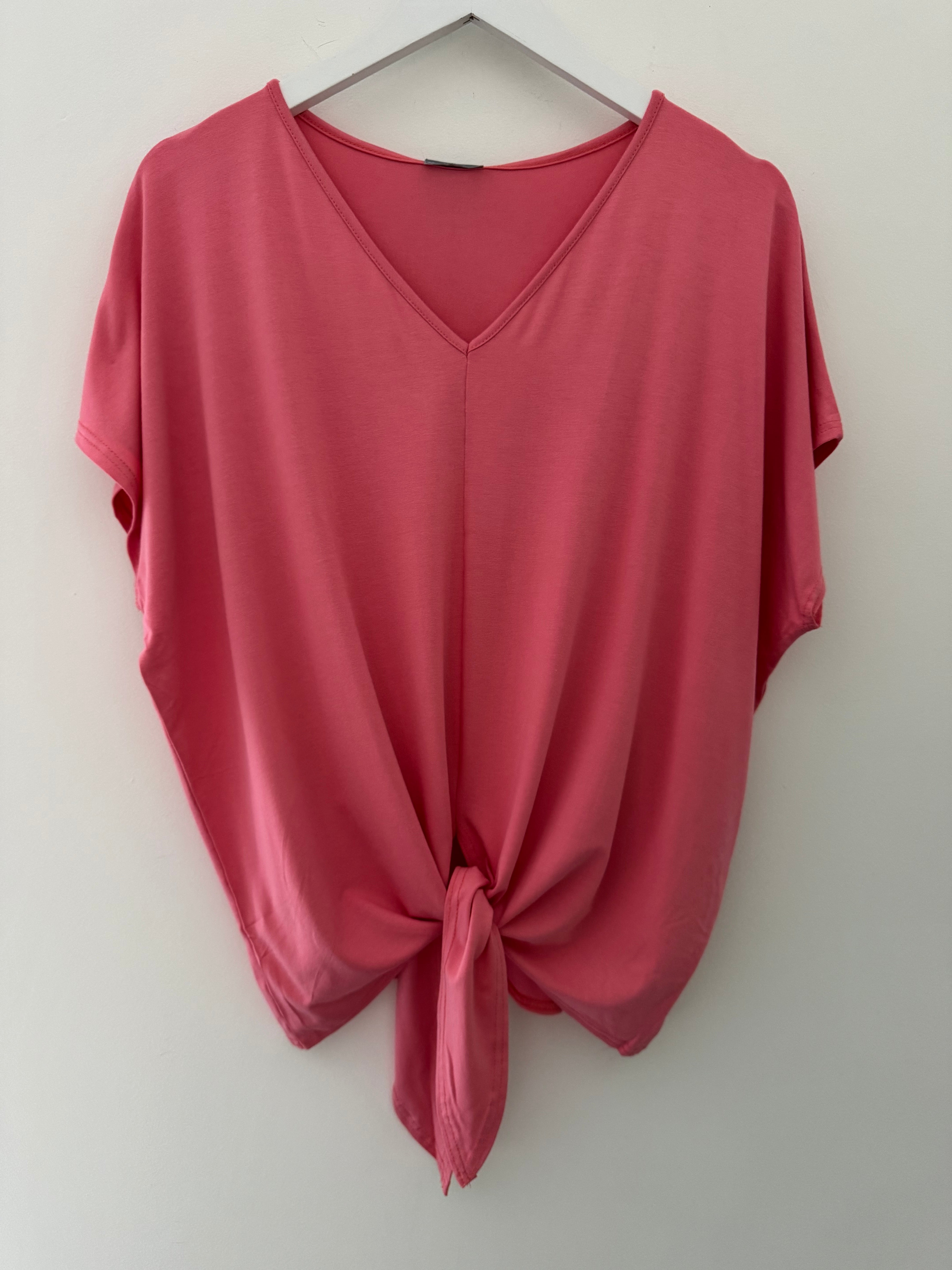 Tie Front Cotton Jersey Top in Coral