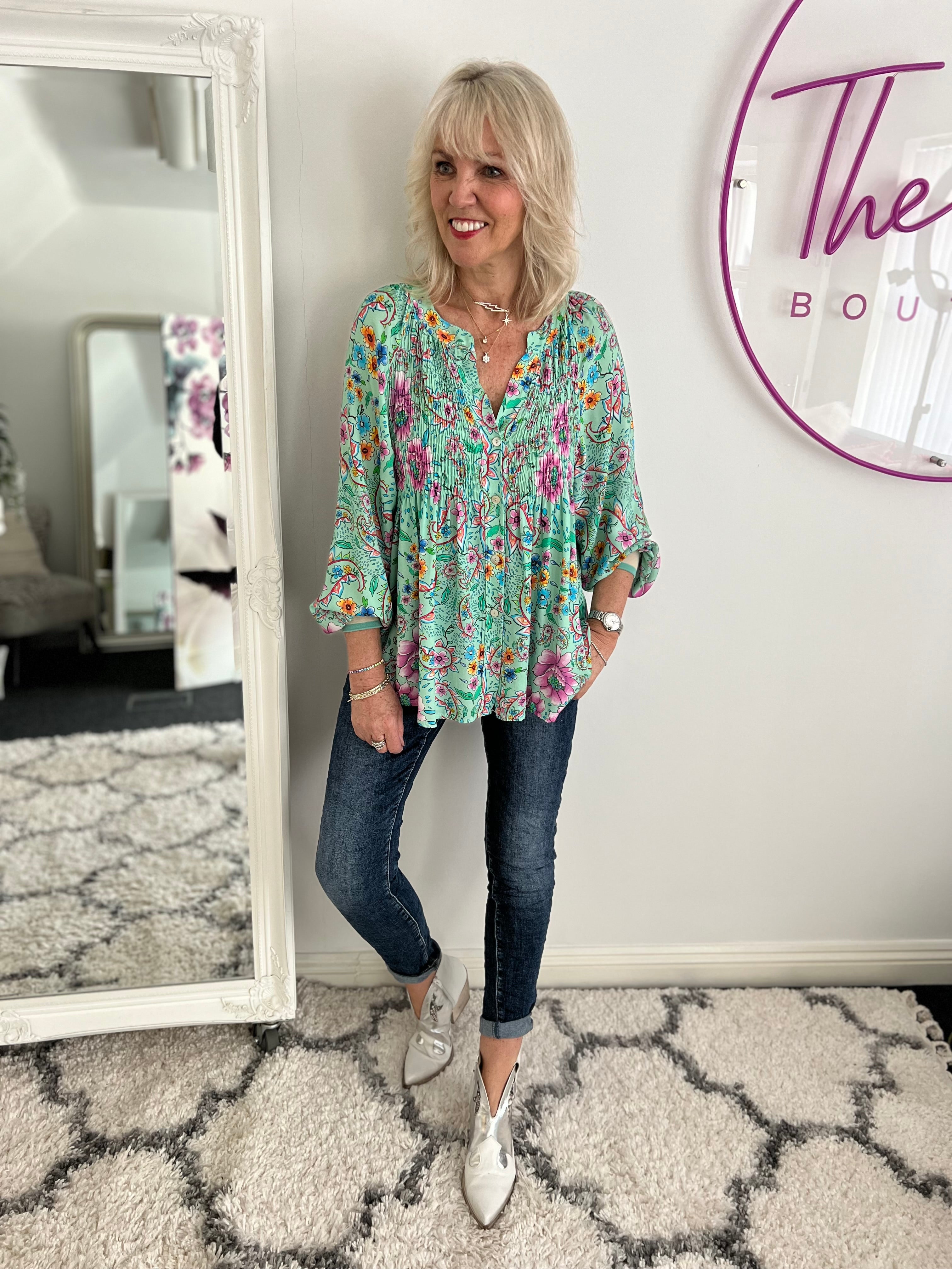 Floral Blouse with Elasticated Cuffs in Aqua