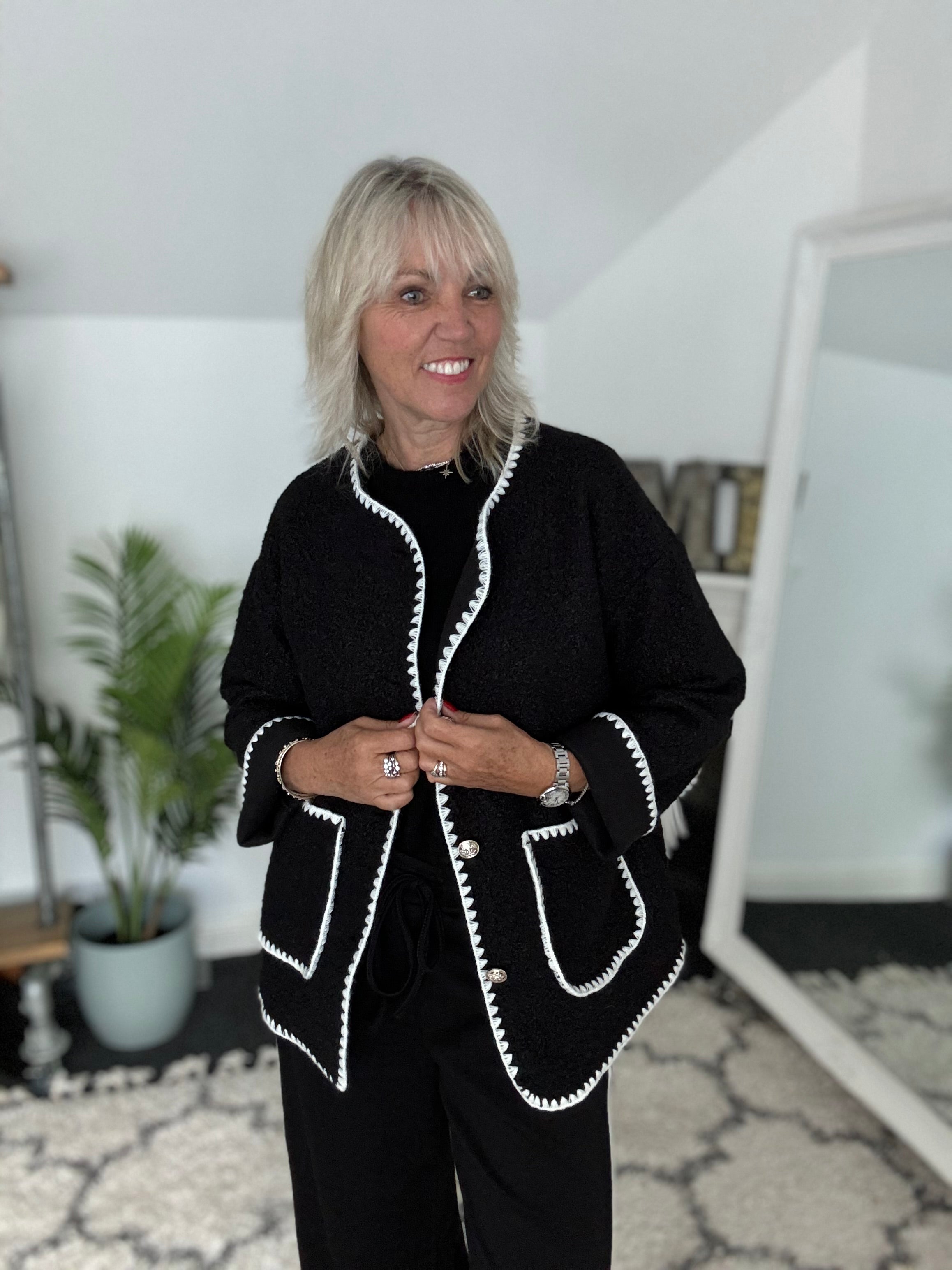 Blanket Stitch Boucle Jacket in Black