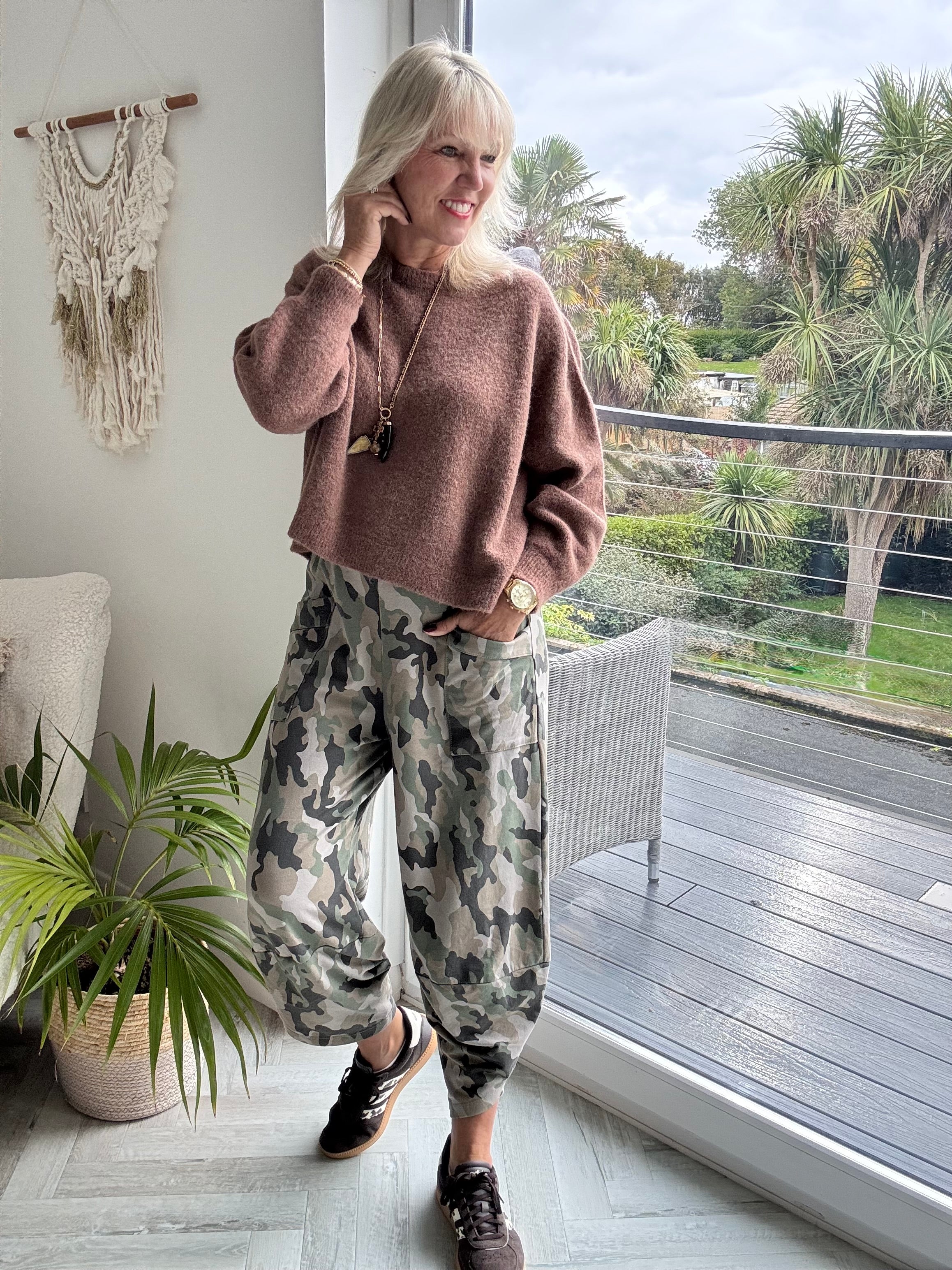 Barrel Cotton Jersey Trousers in Pale Mocha Camo