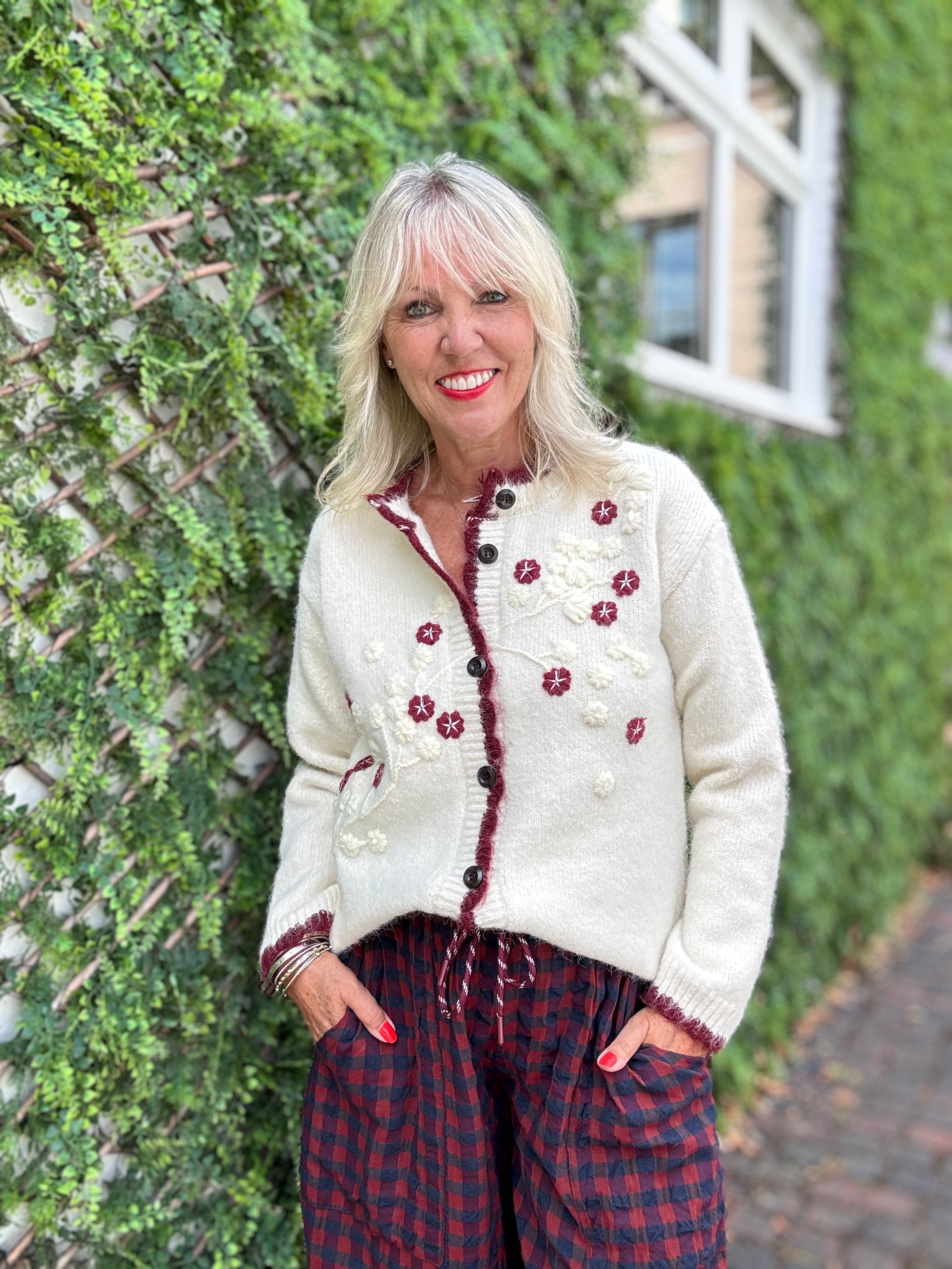 Soft Cardi with Embroidered Flowers in Vanilla & Berry