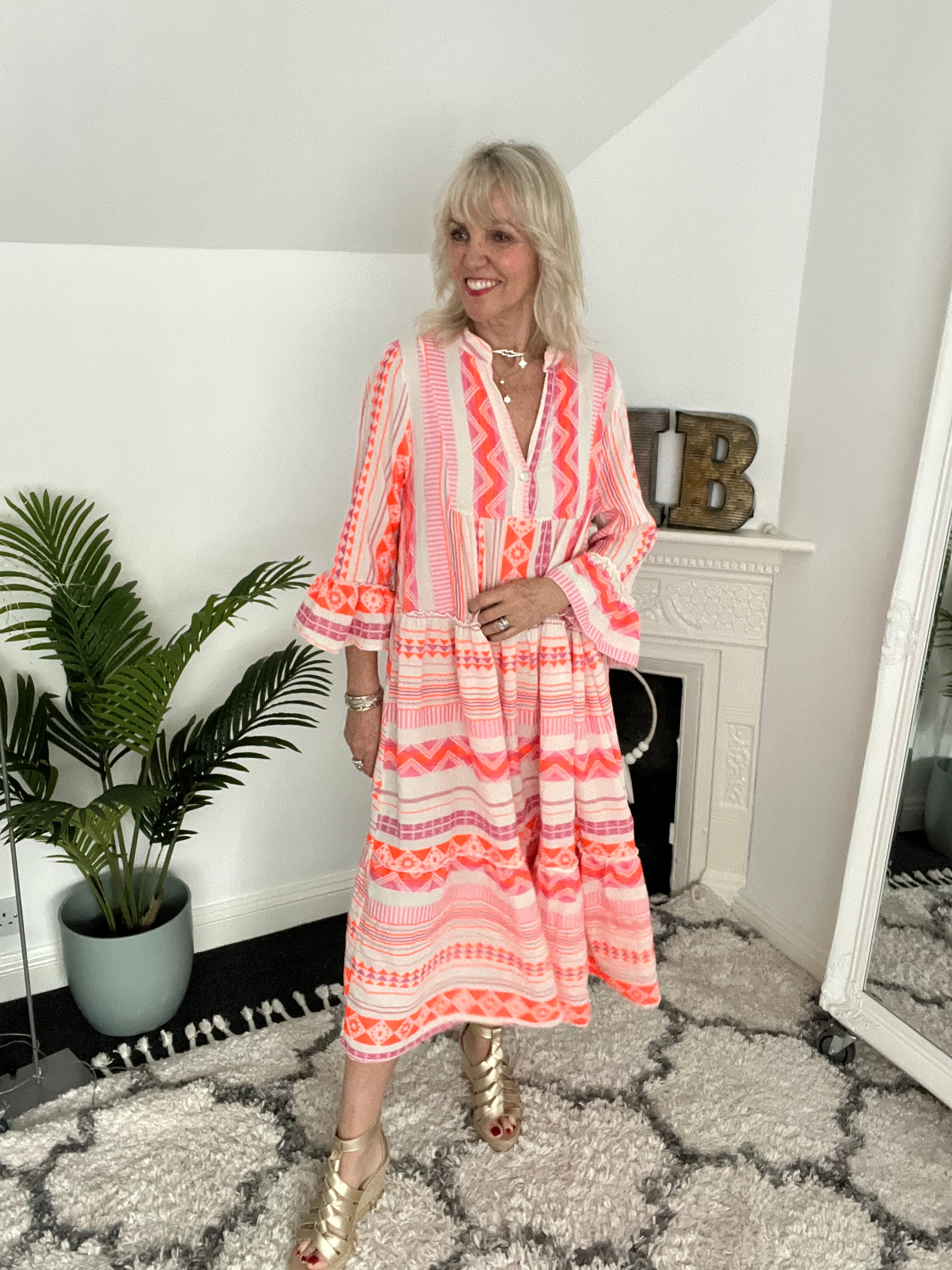 Embroidered Midi Dress in Pink & Neon