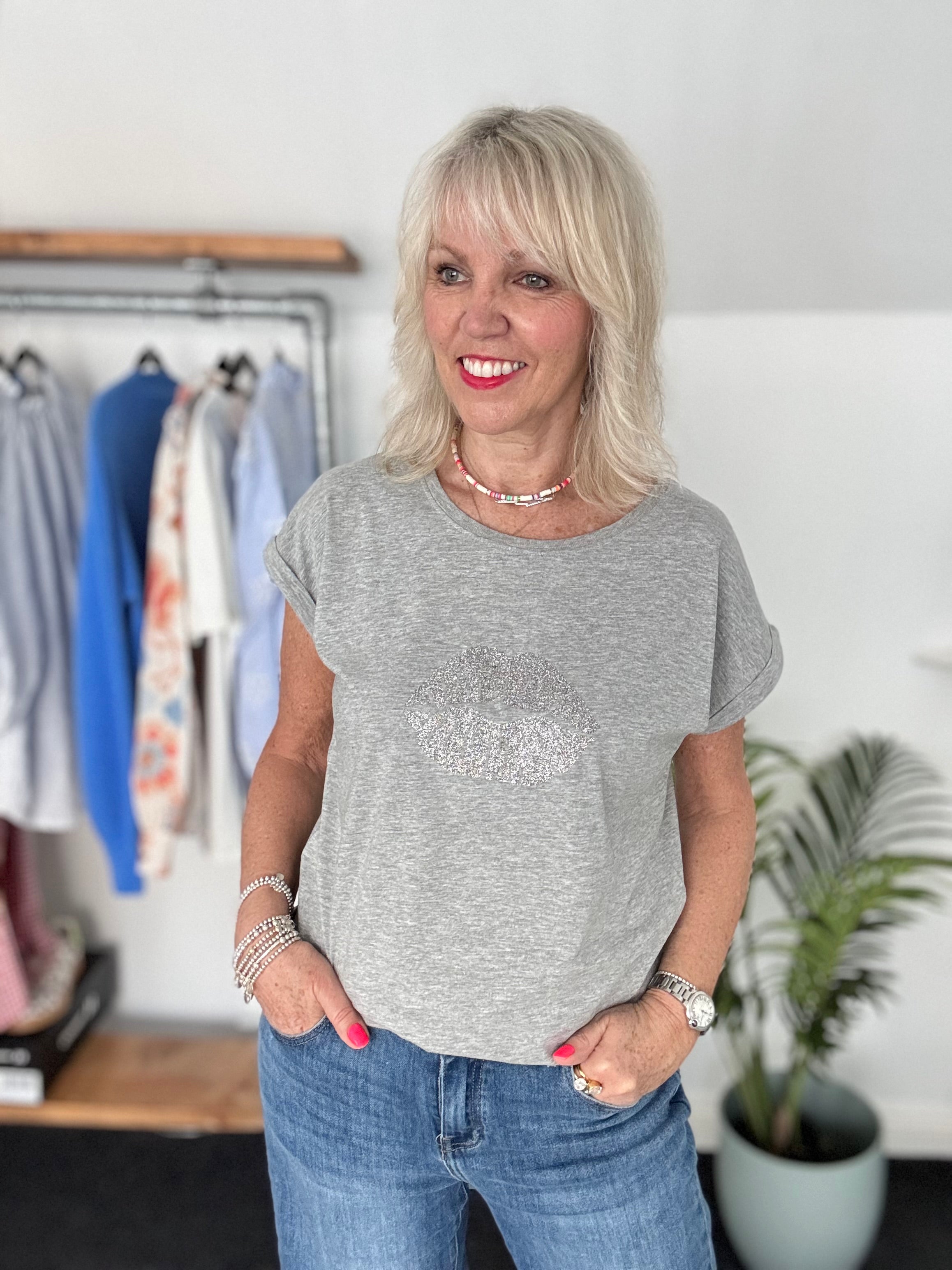 Lips Tee in Marl Grey & Silver