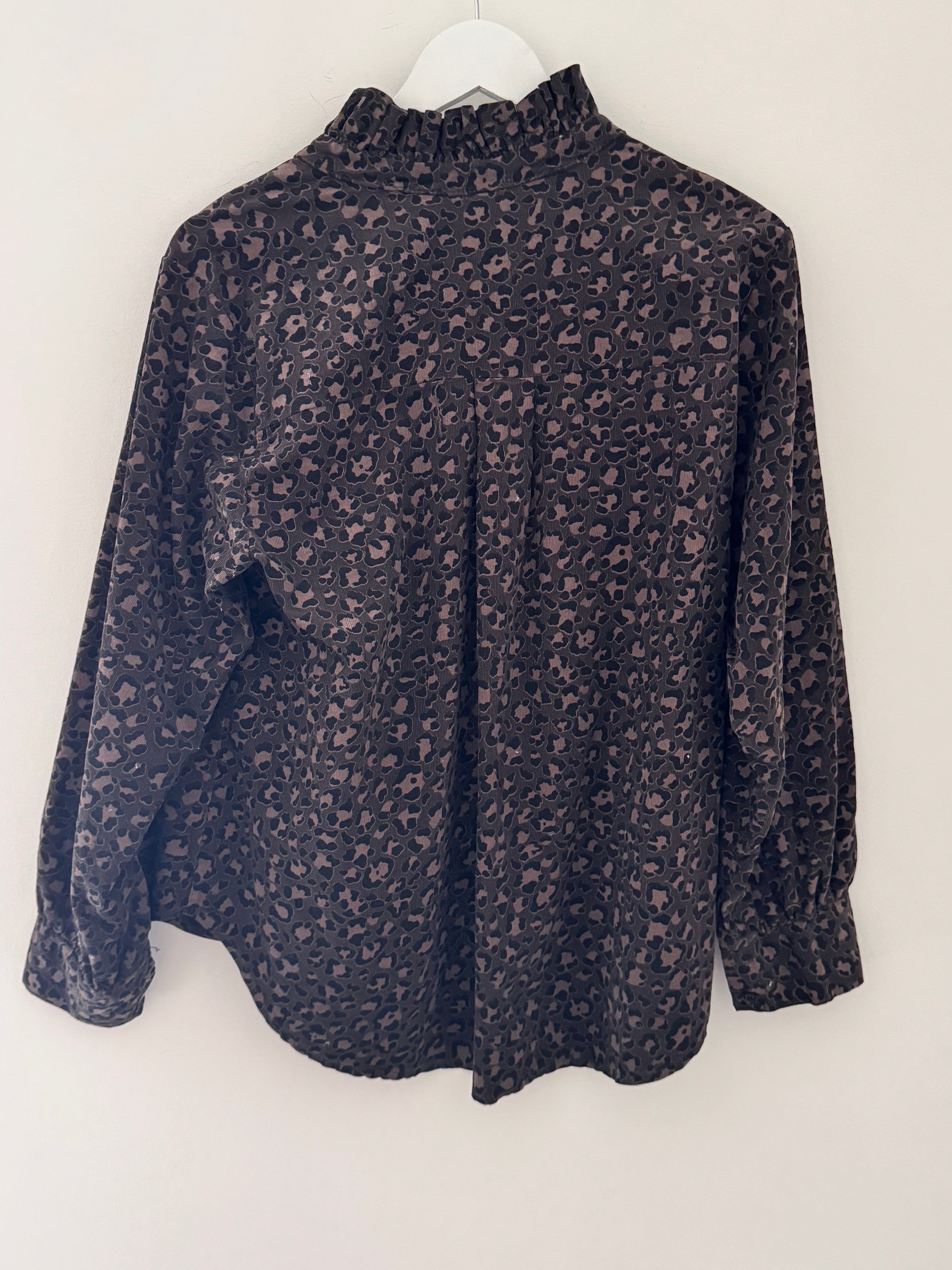 Needlecord Ruffle Blouse in Cocoa Leopard