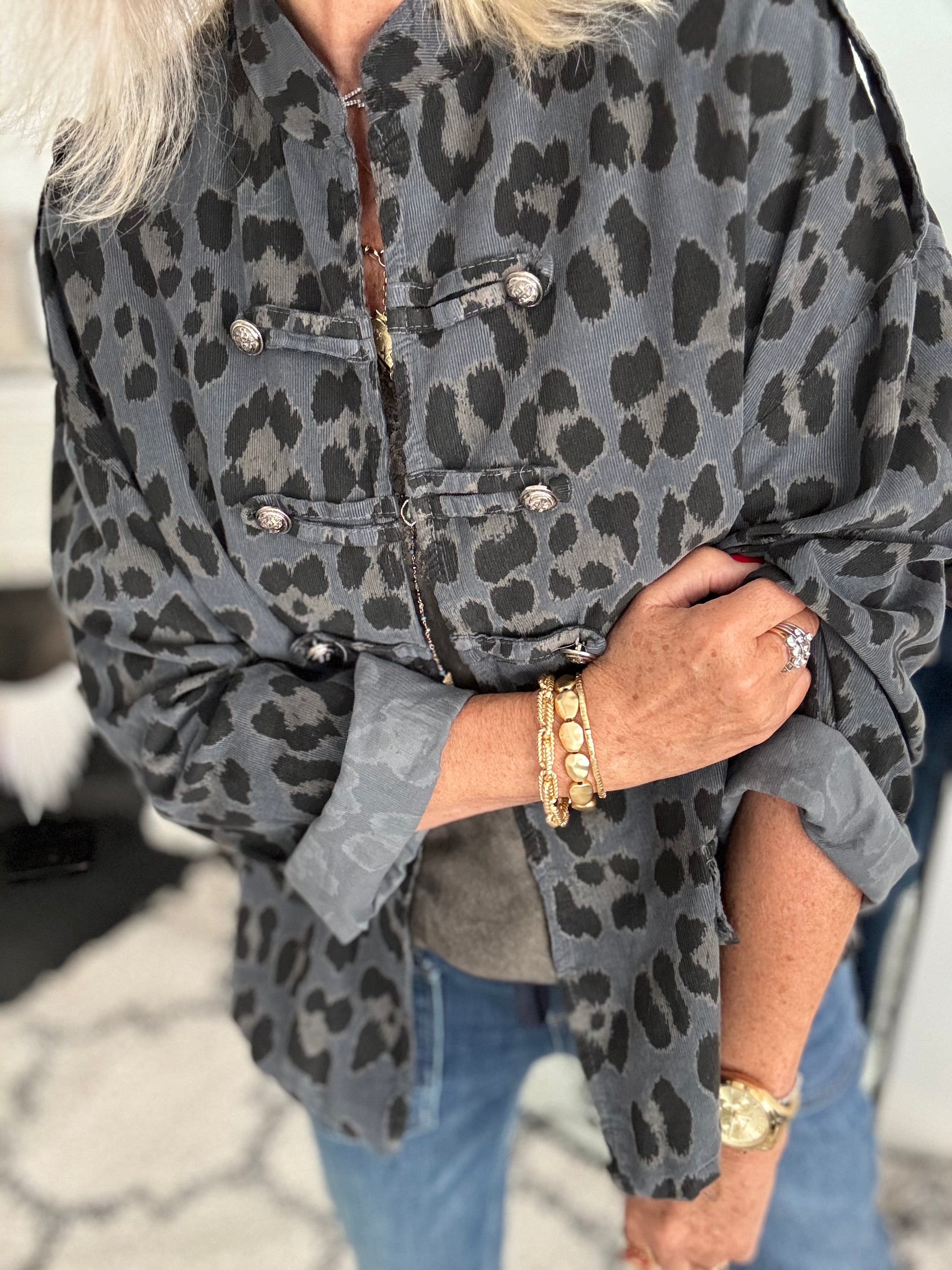 Needlecord Military Jacket in Grey Leopard