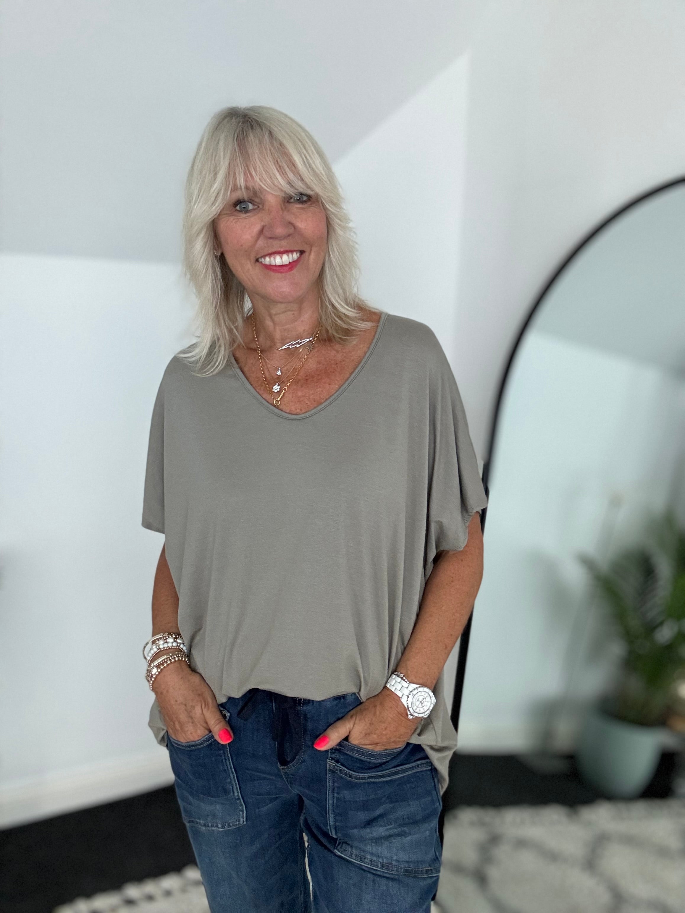 Oversized V Neck Tee in Taupe