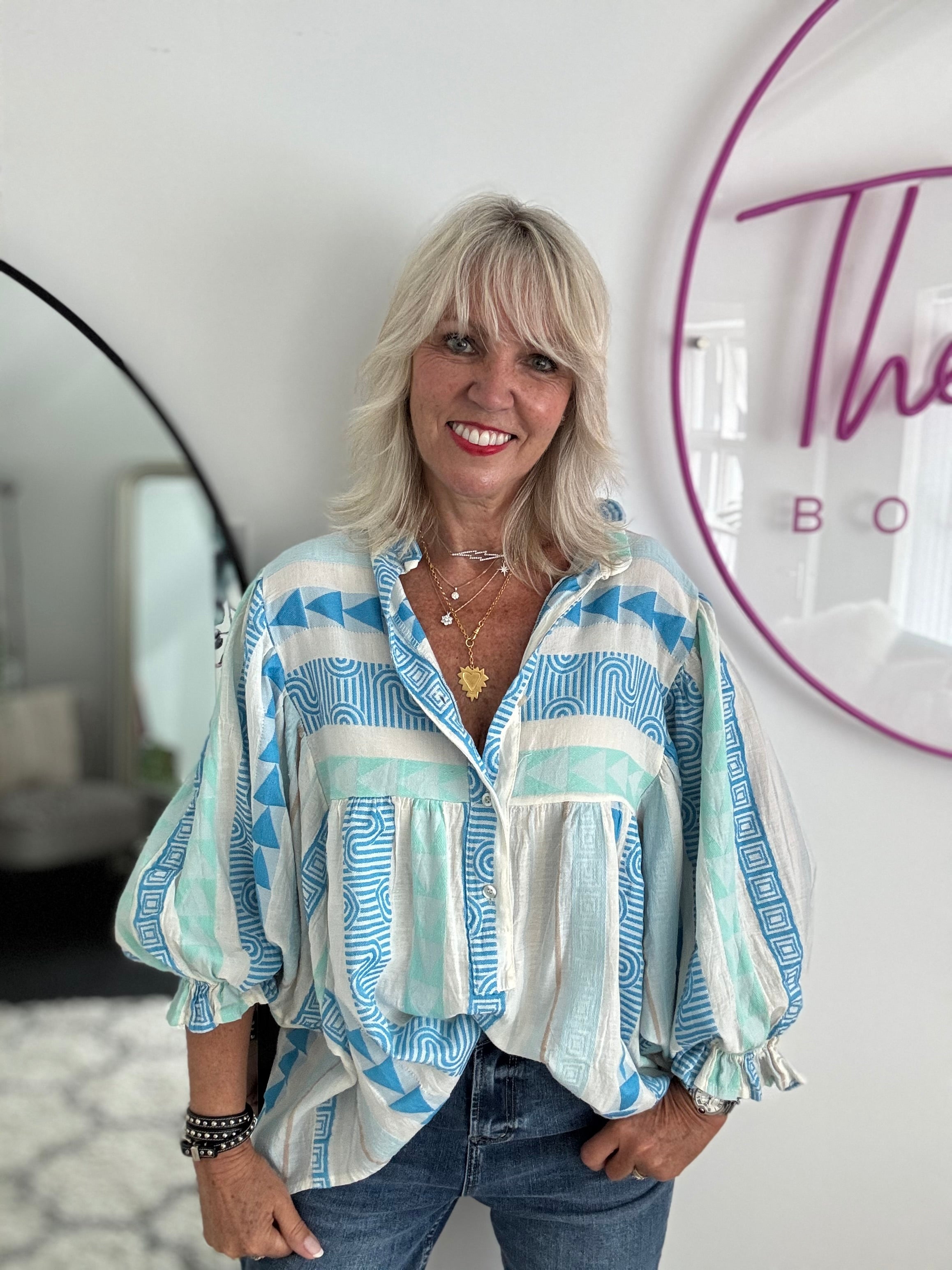 Embroidered Shirt in Blue & Mint