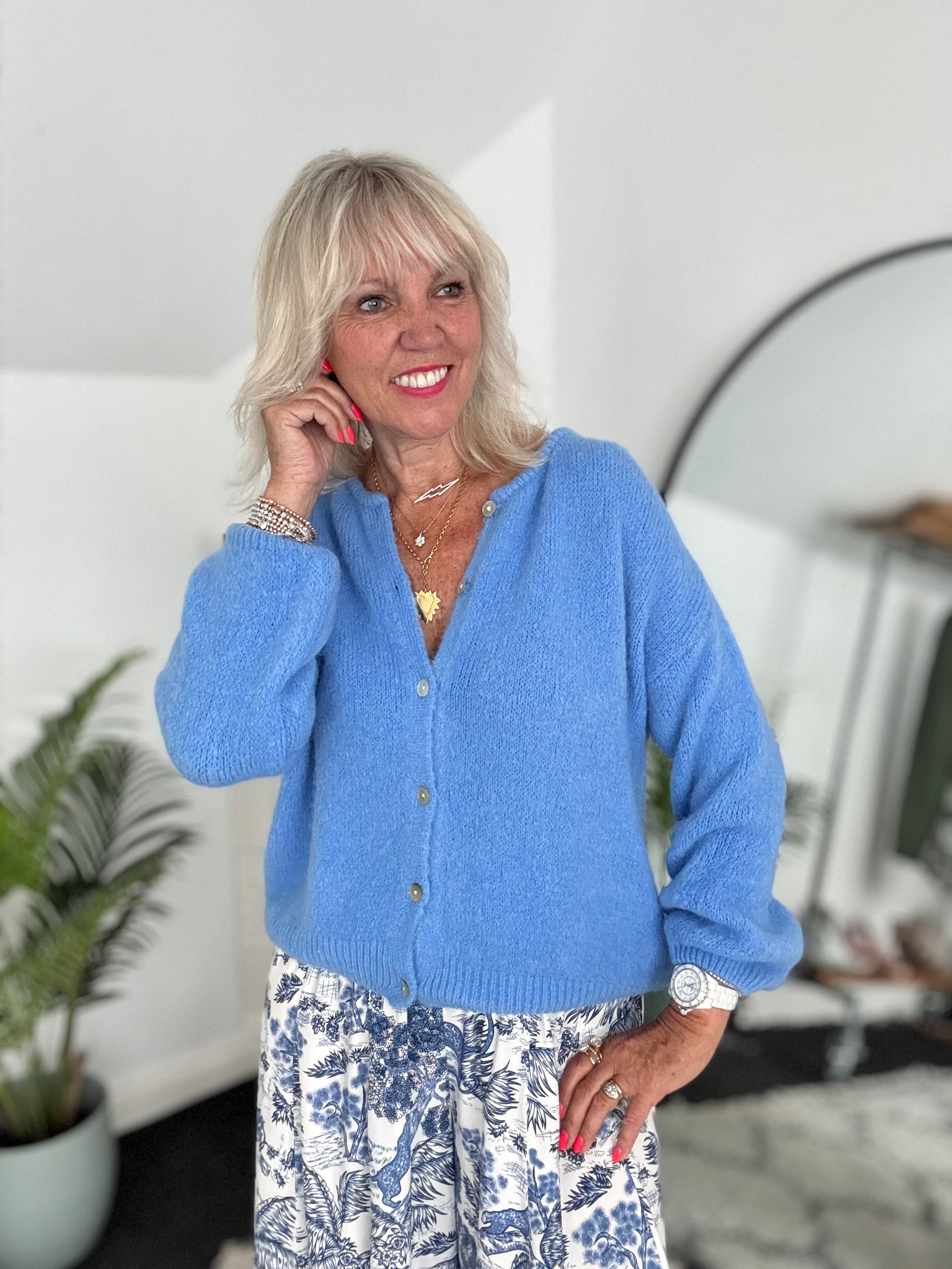 Alpaca Buttoned Cardi in Cornflower